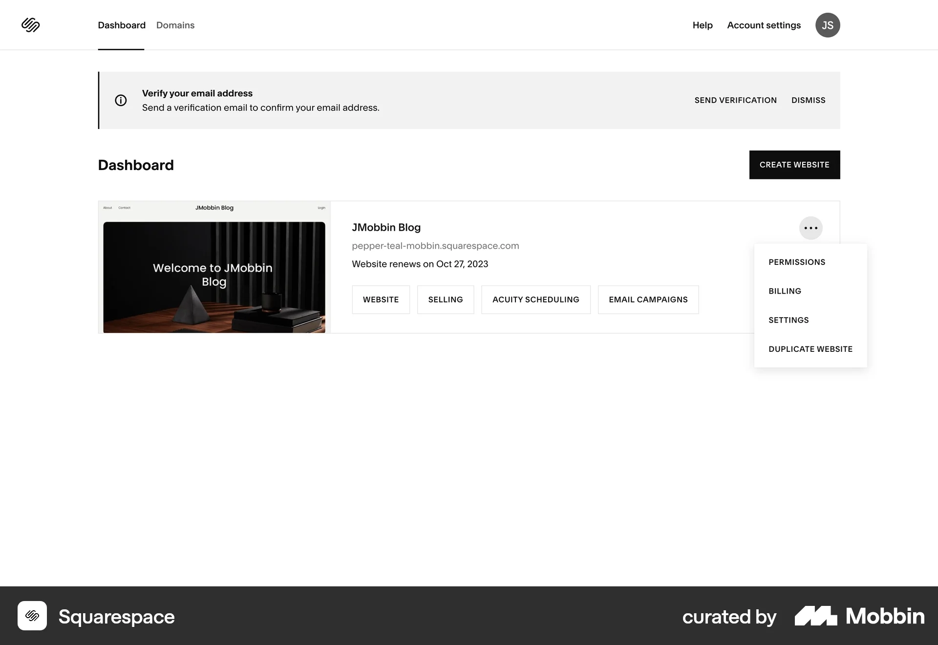 Squarespace Web Admin Dashboard screen