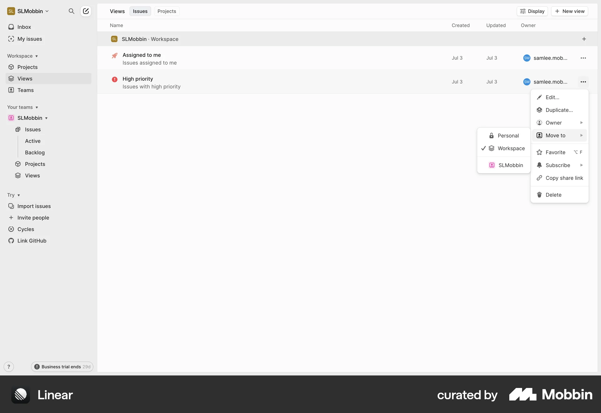 Linear Web Move screen