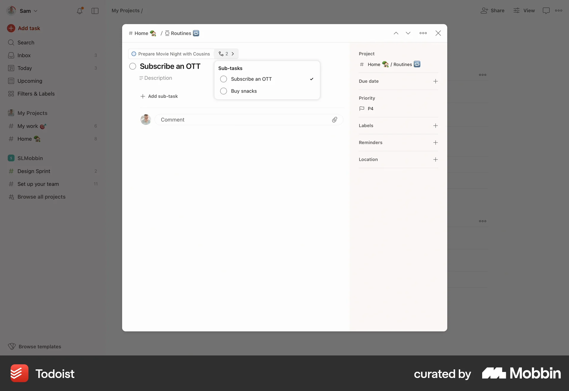 Todoist Web screen containing Dropdown Menu UI element