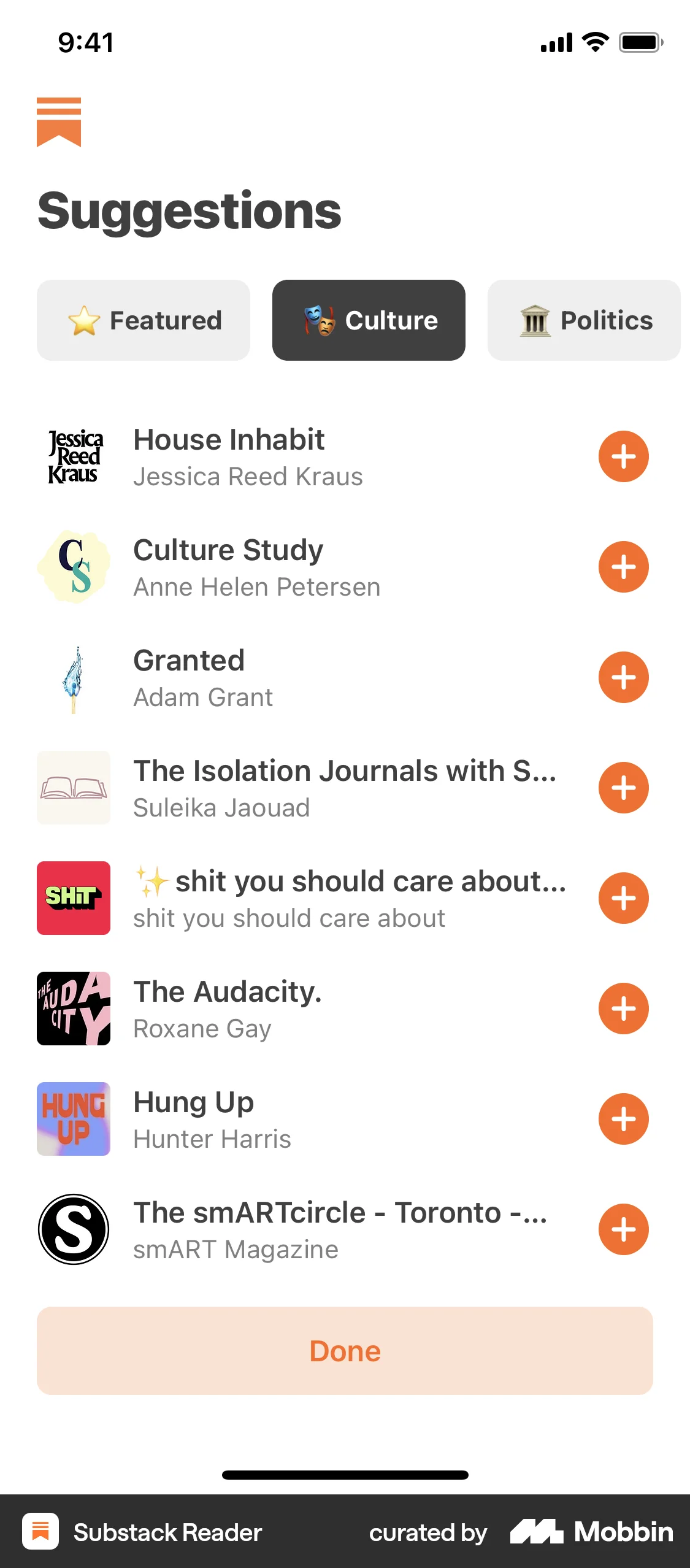 Substack iOS Follow & Subscribe screen