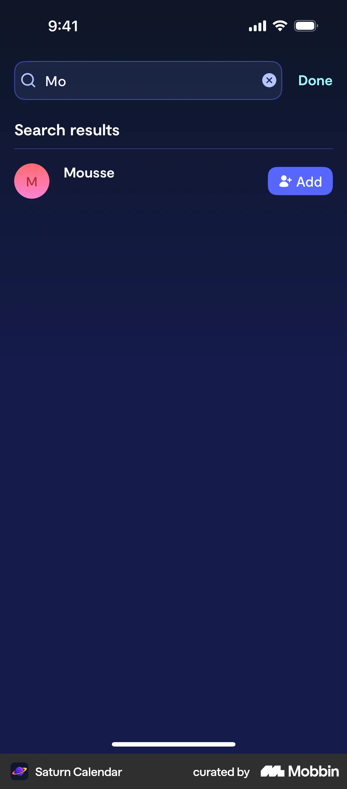 Saturn Calendar iOS Search screen