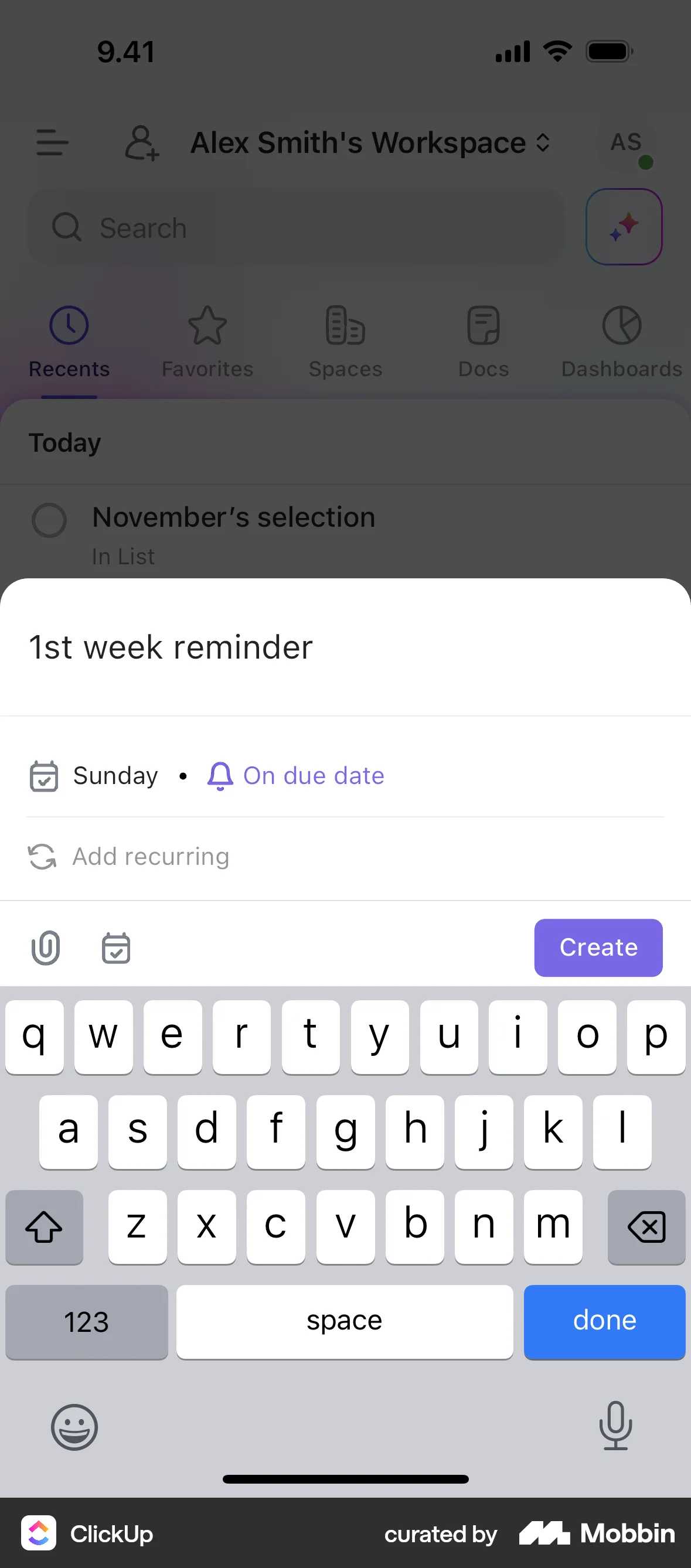 ClickUp iOS Reminder screen