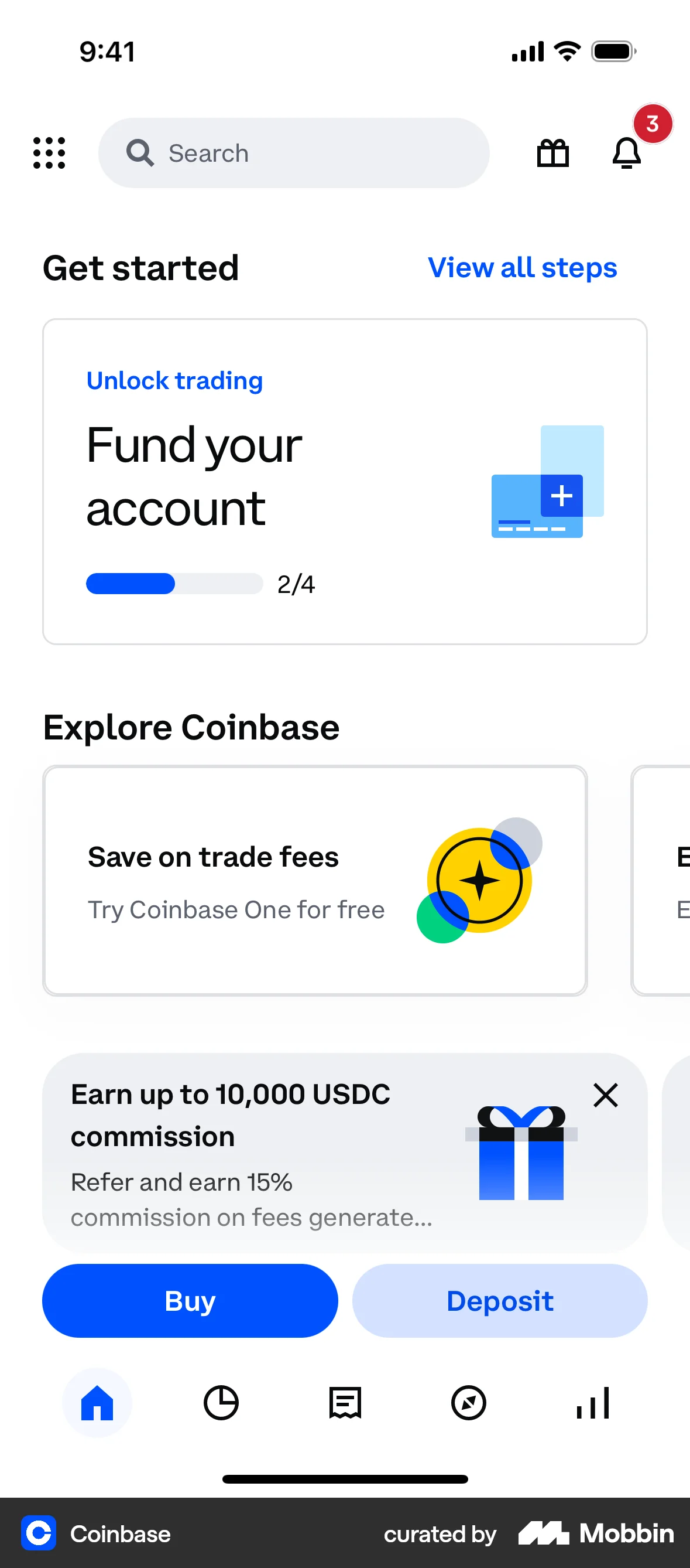 Coinbase iOS Home screen