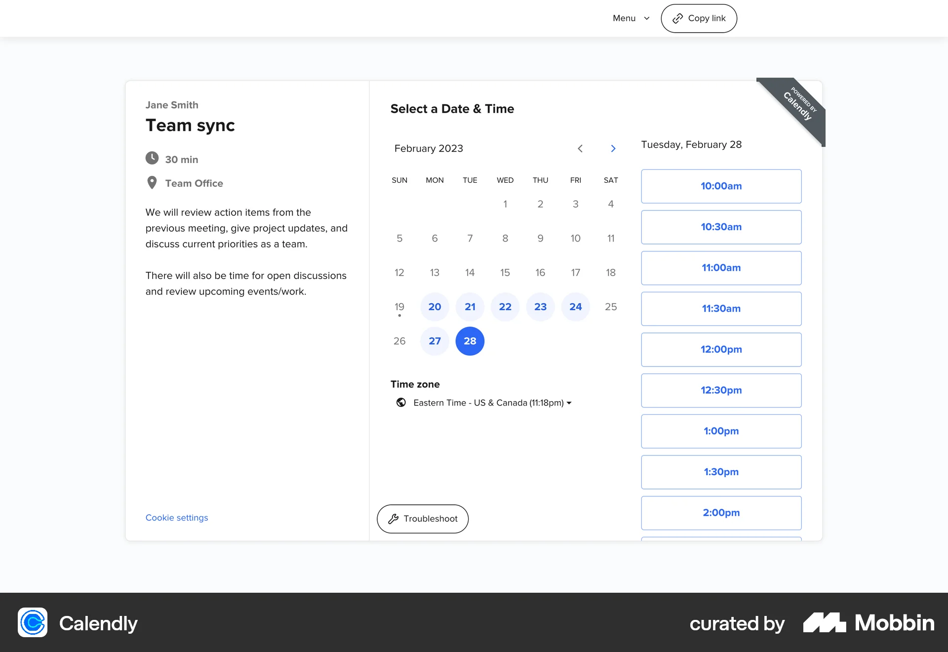 Calendly Web screen containing Time Picker UI element