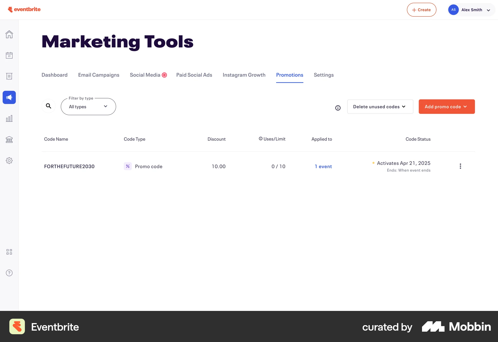 Eventbrite Web Promotions & Rewards screen