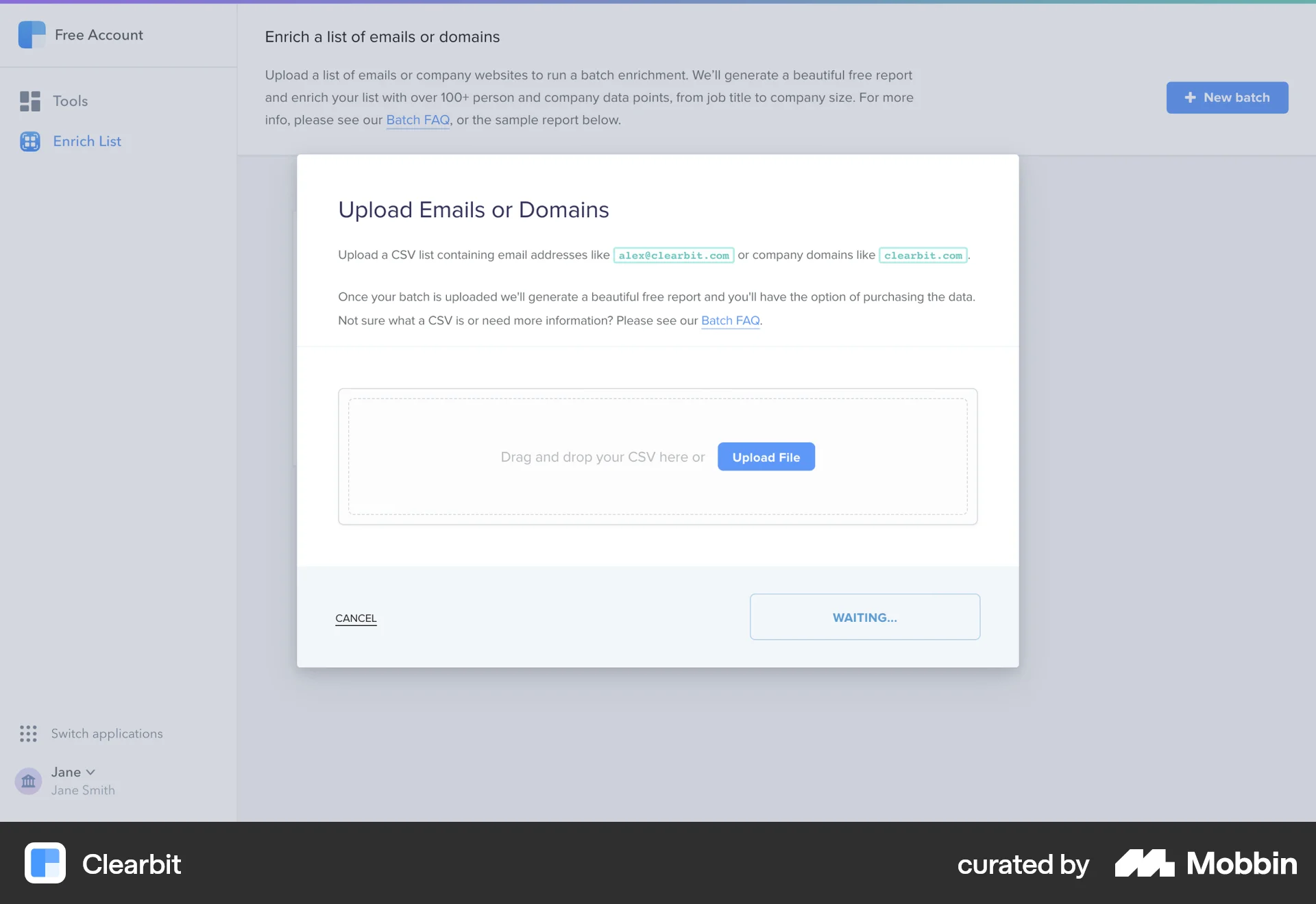 Clearbit Web screen containing File Upload UI element