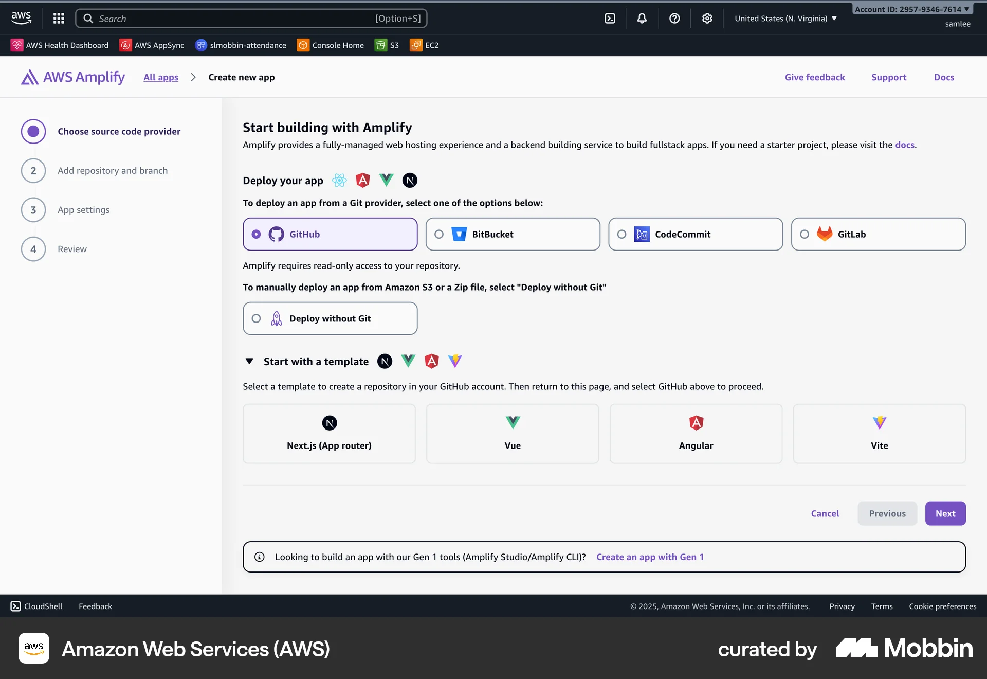 Amazon Web Services (AWS) Web Wizard UI screen