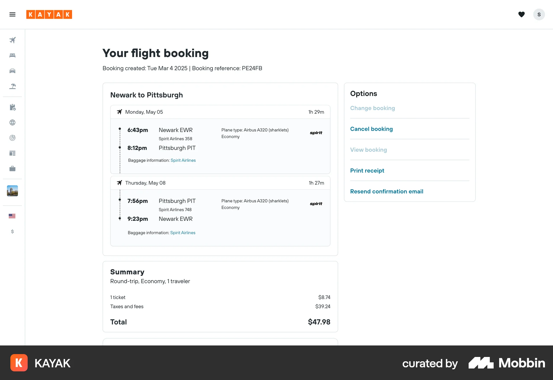 KAYAK Web Order Detail screen