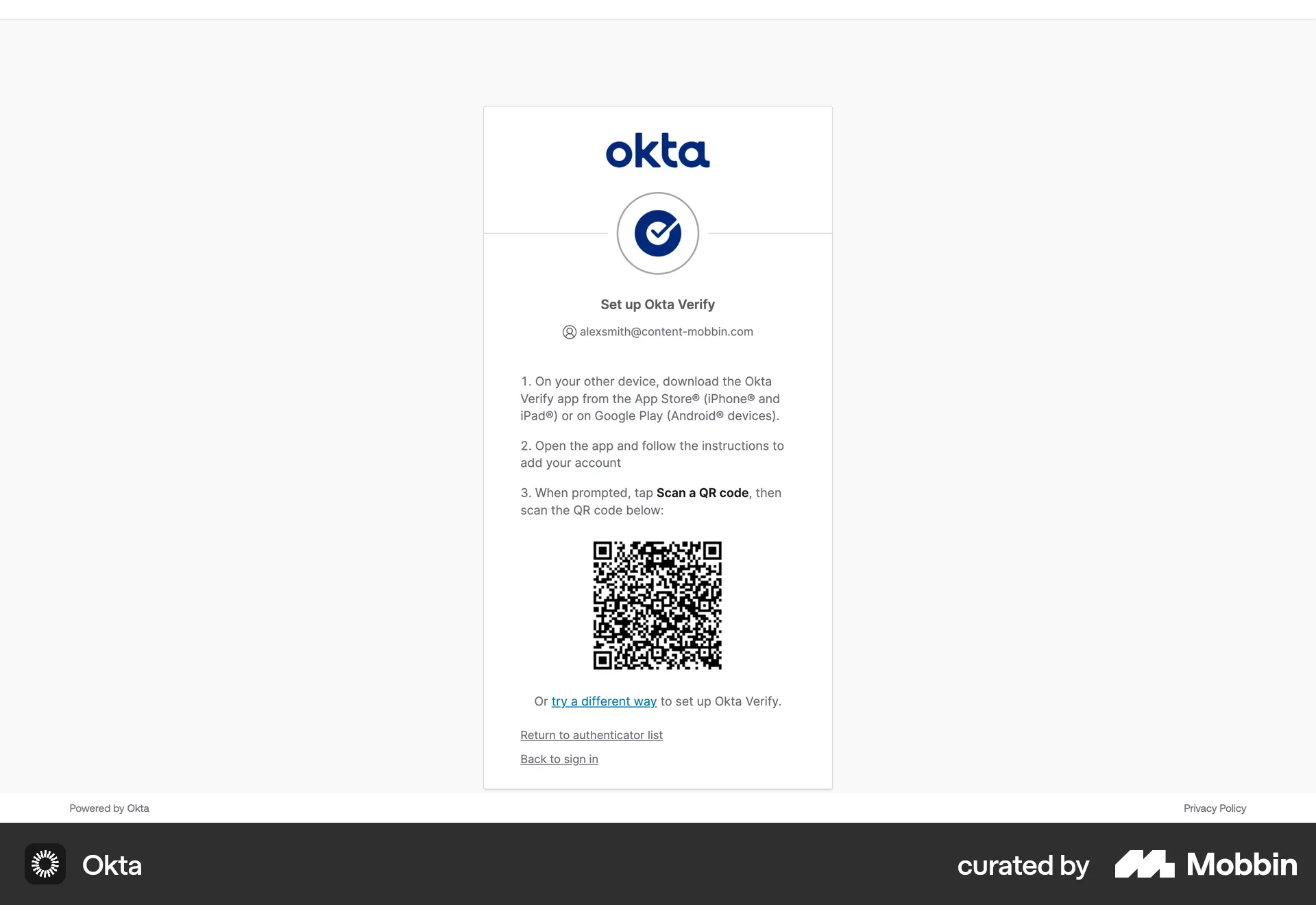 Okta Web QR Code screen