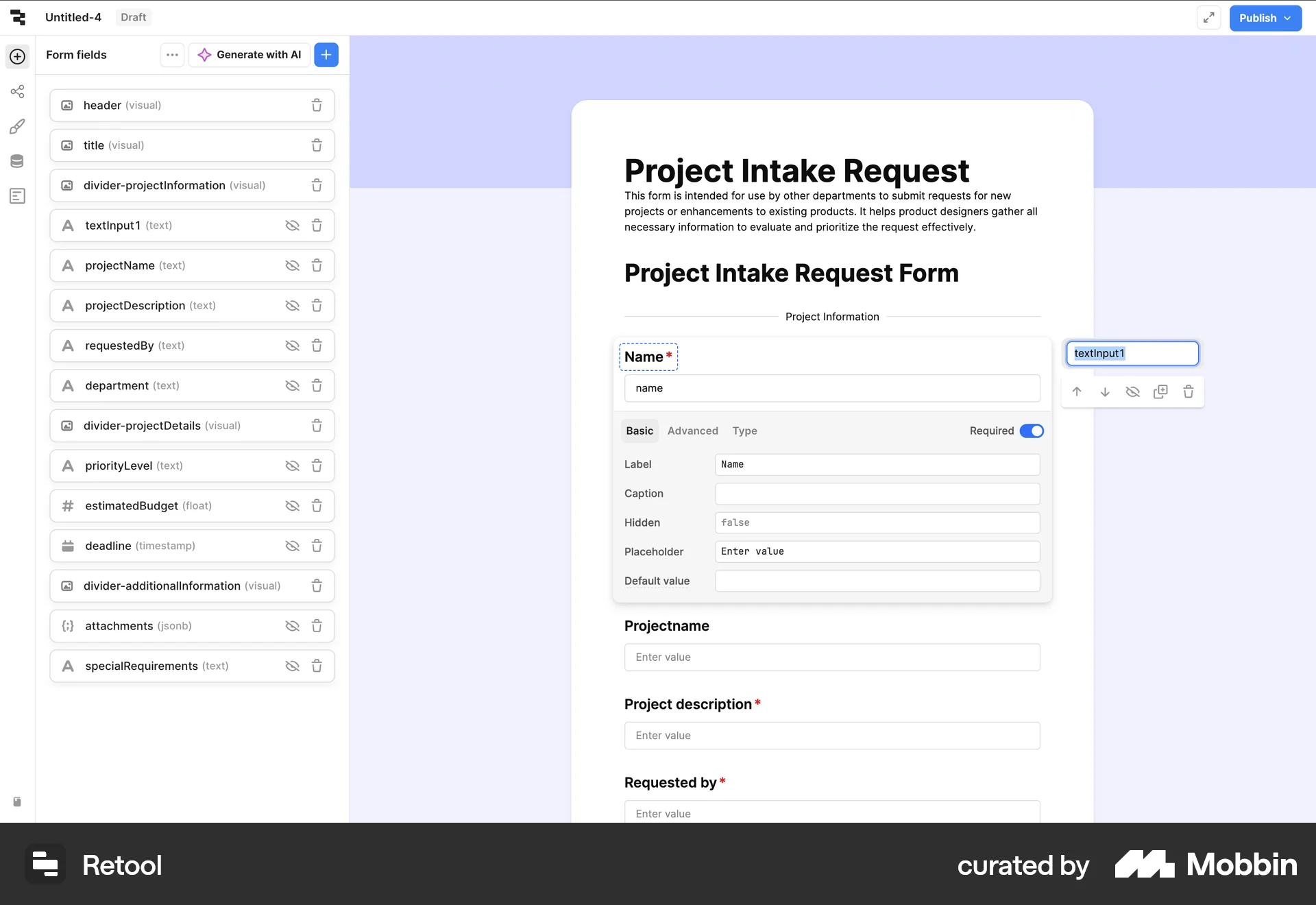 Retool Web screen containing Editable Text UI element