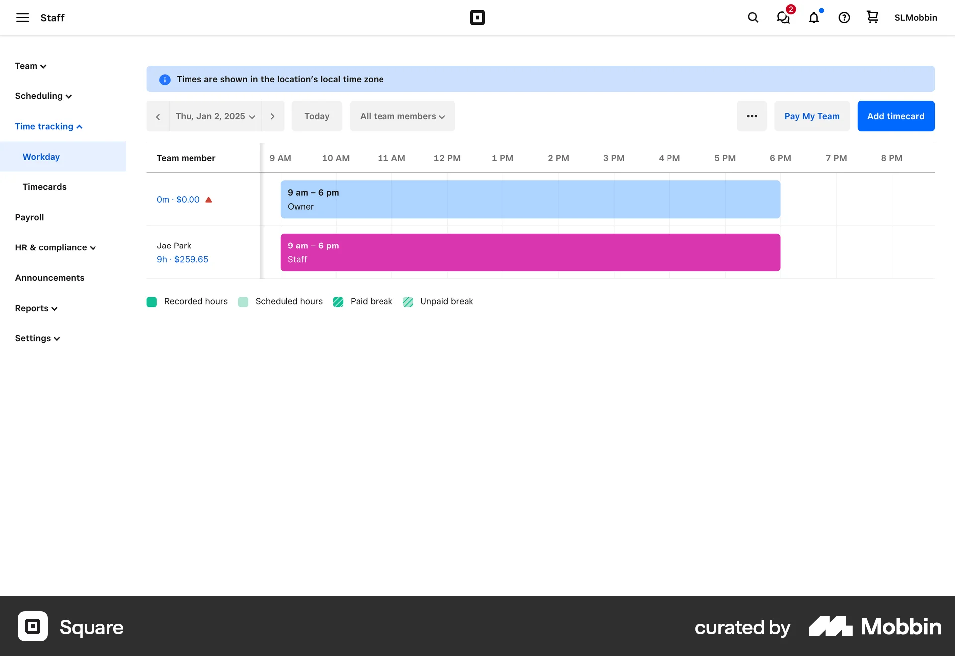 Square Web Time Tracker screen