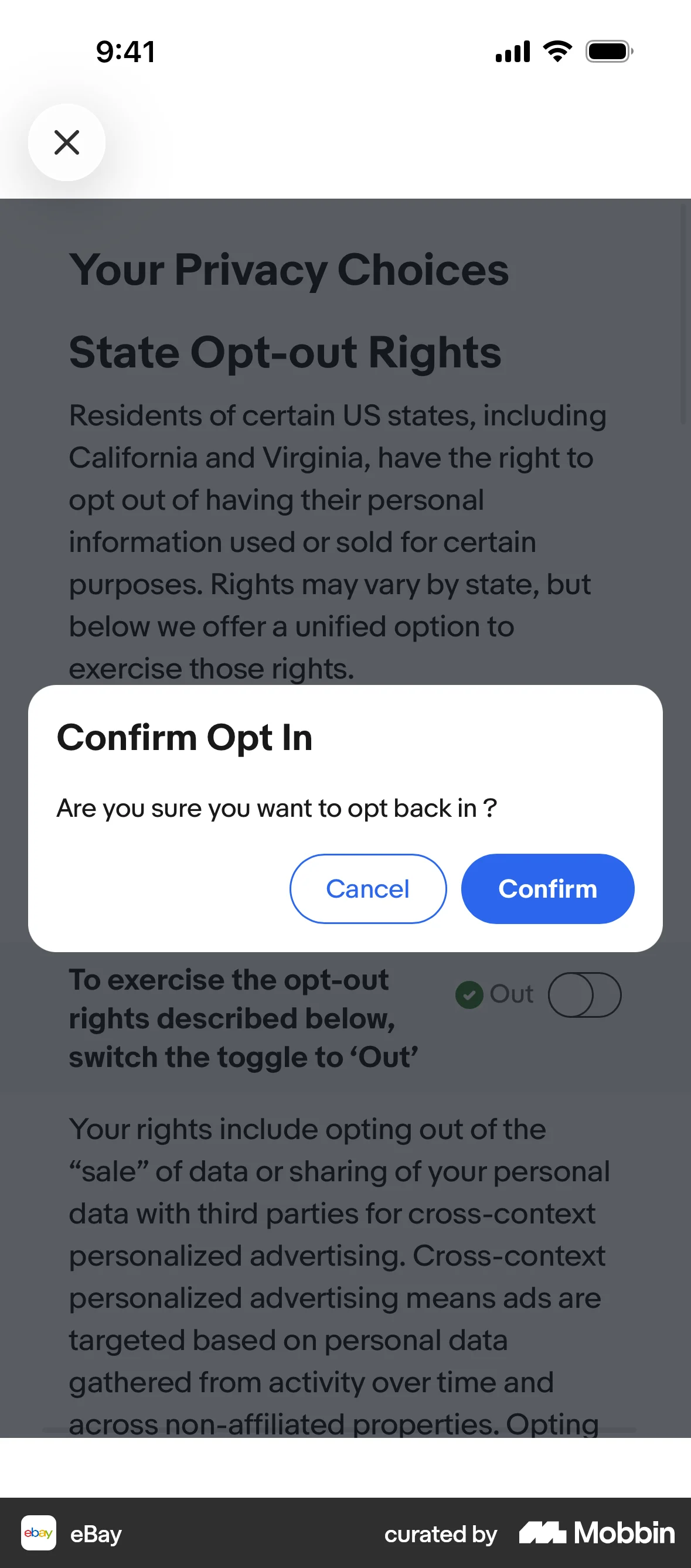eBay iOS Confirmation screen