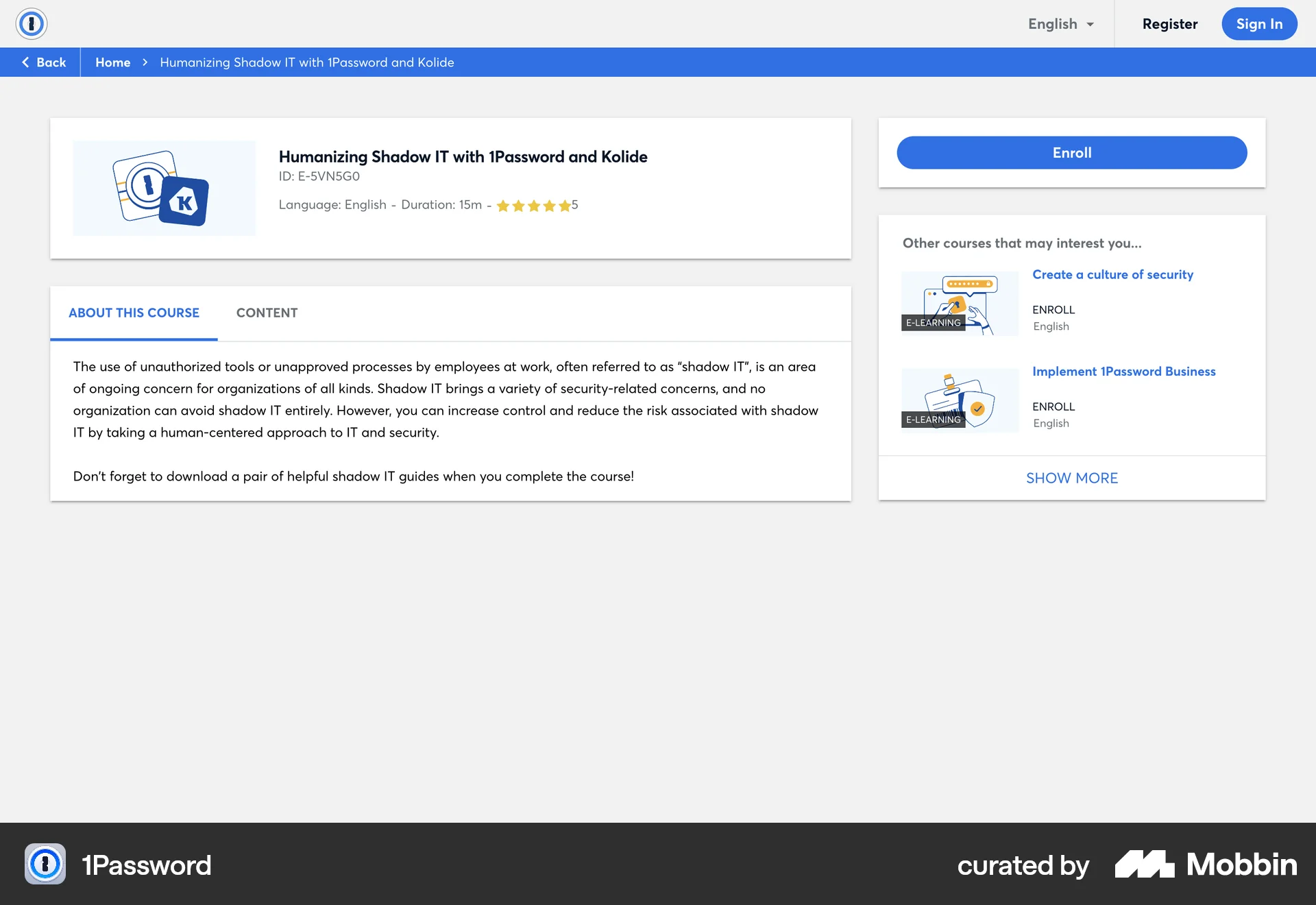 1Password Web Class & Lesson Detail screen