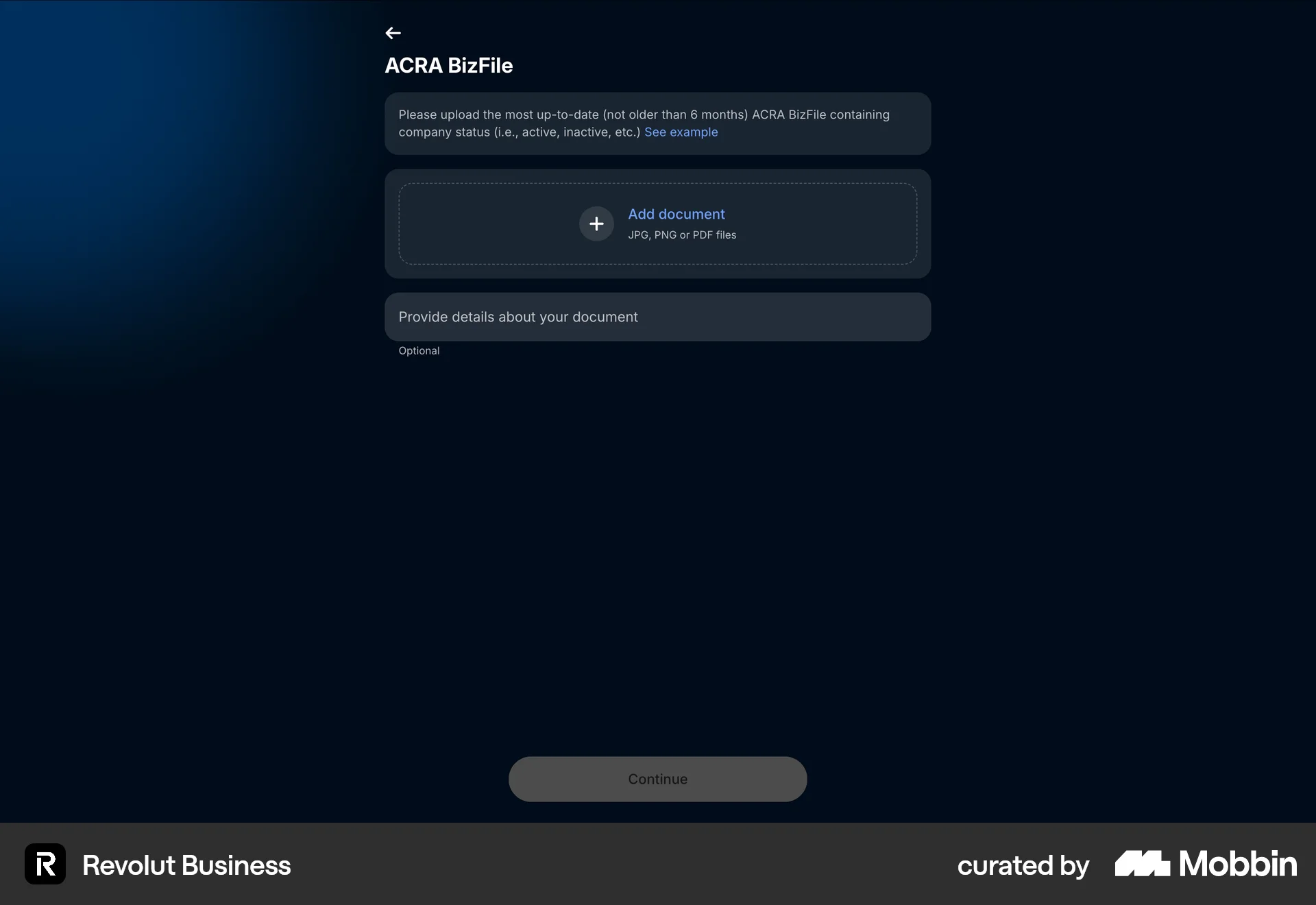 Revolut Business Web screen containing File Upload UI element
