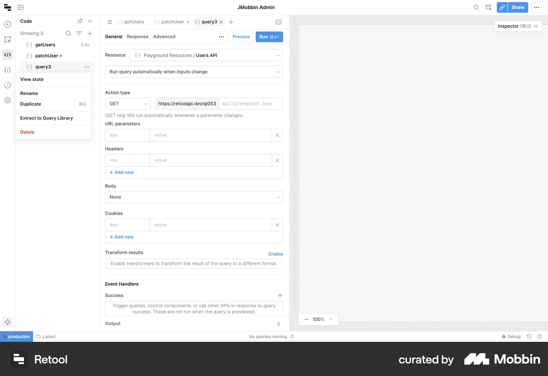 Retool Web screen containing Context Menu UI element