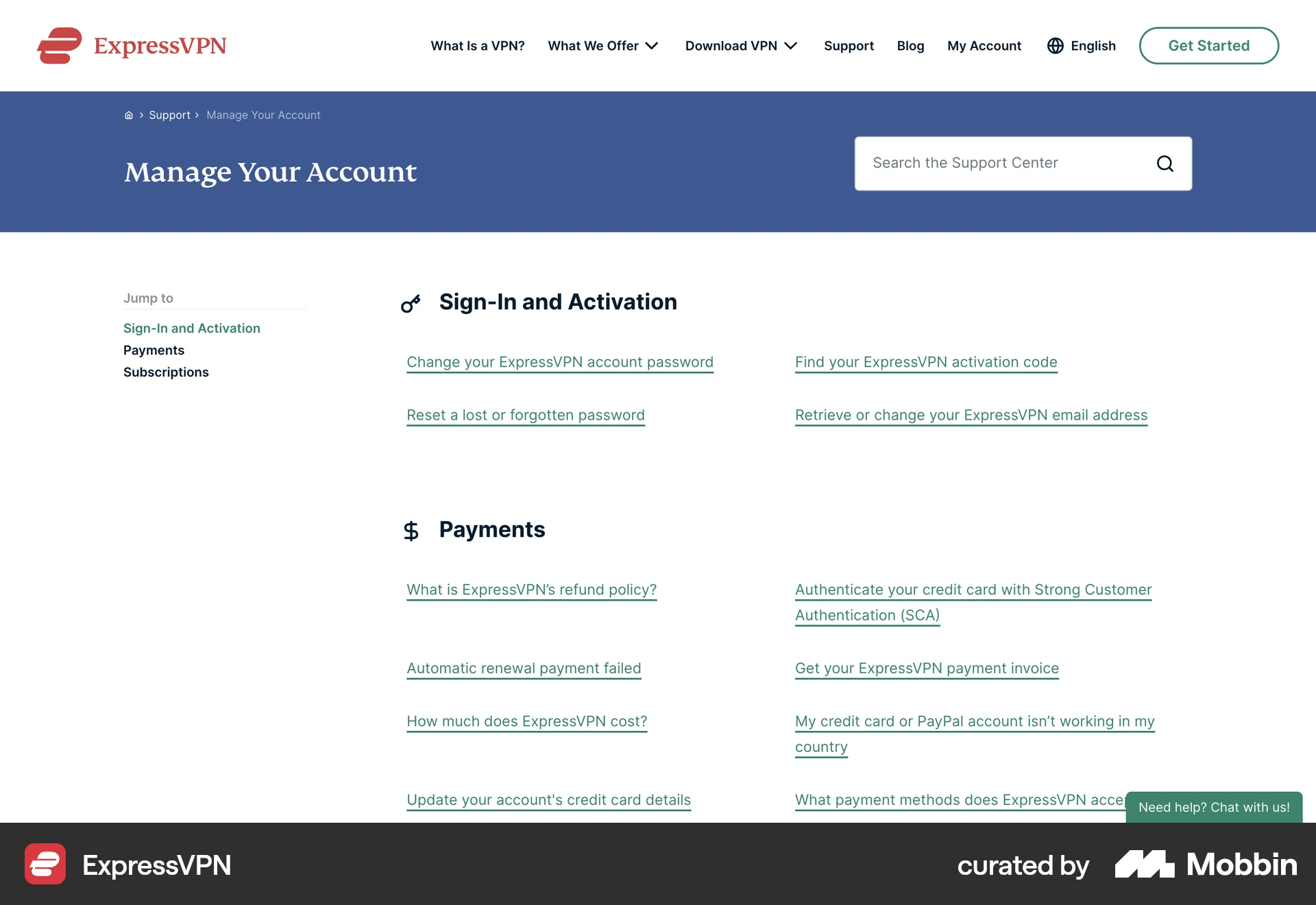 ExpressVPN Web screen containing Table of Contents UI element