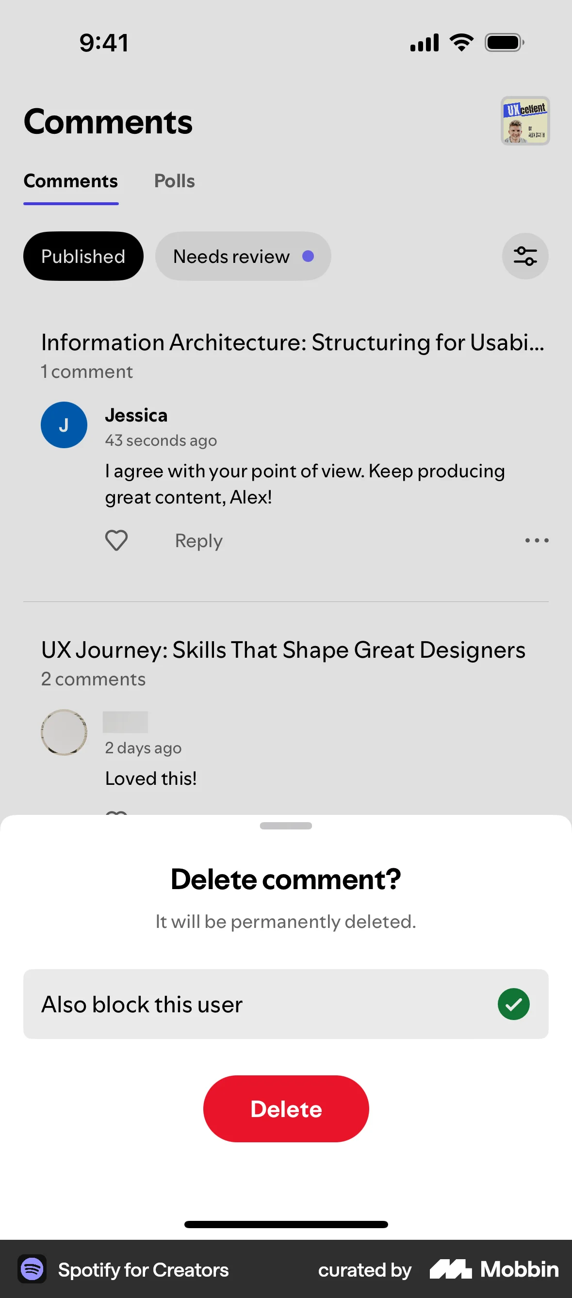 Spotify for Creators iOS Delete screen