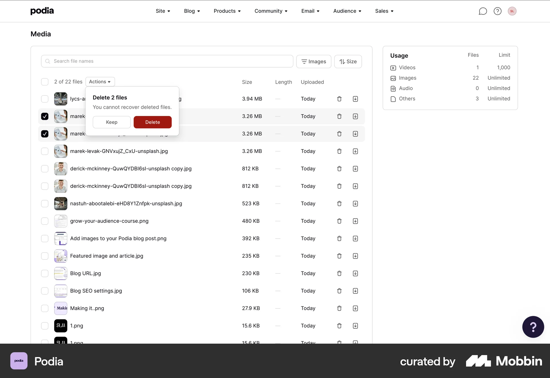 Podia Web Delete screen