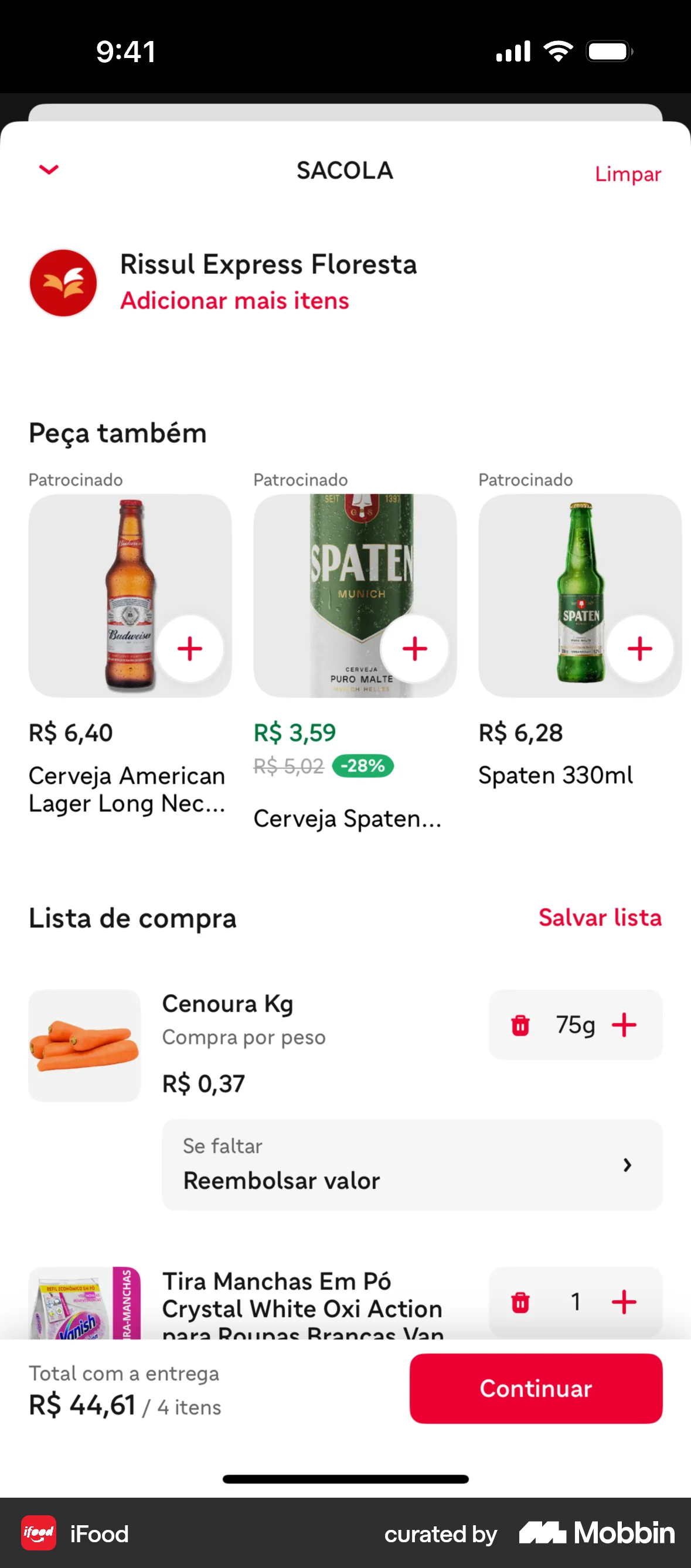 iFood iOS Suggestions & Similar Items screen