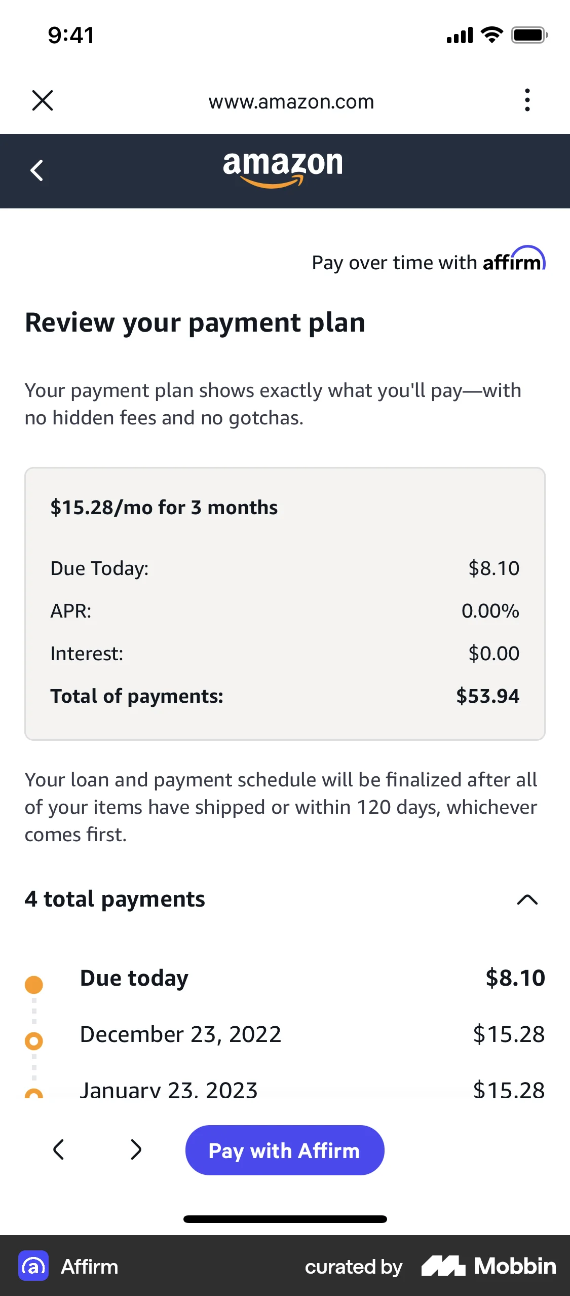 Affirm iOS Checkout screen