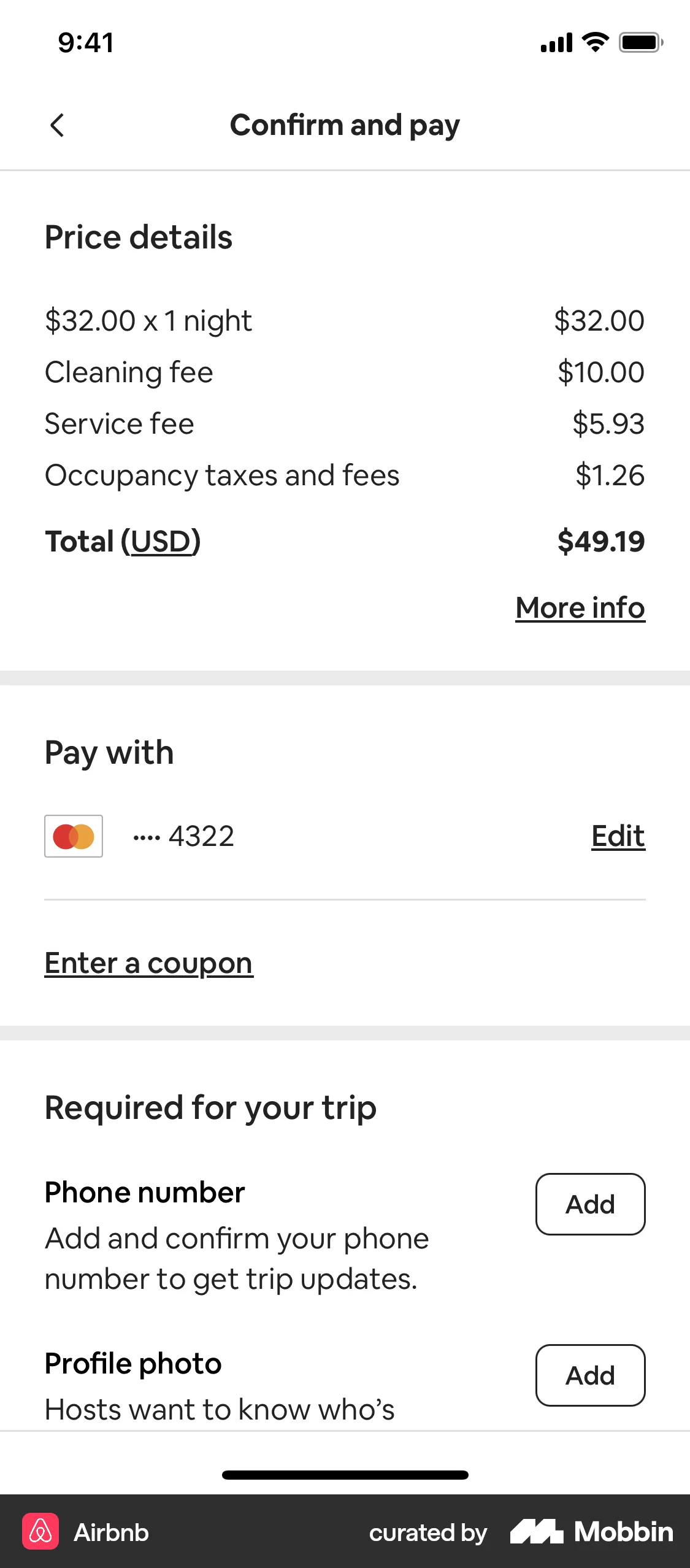 Airbnb iOS Checkout screen