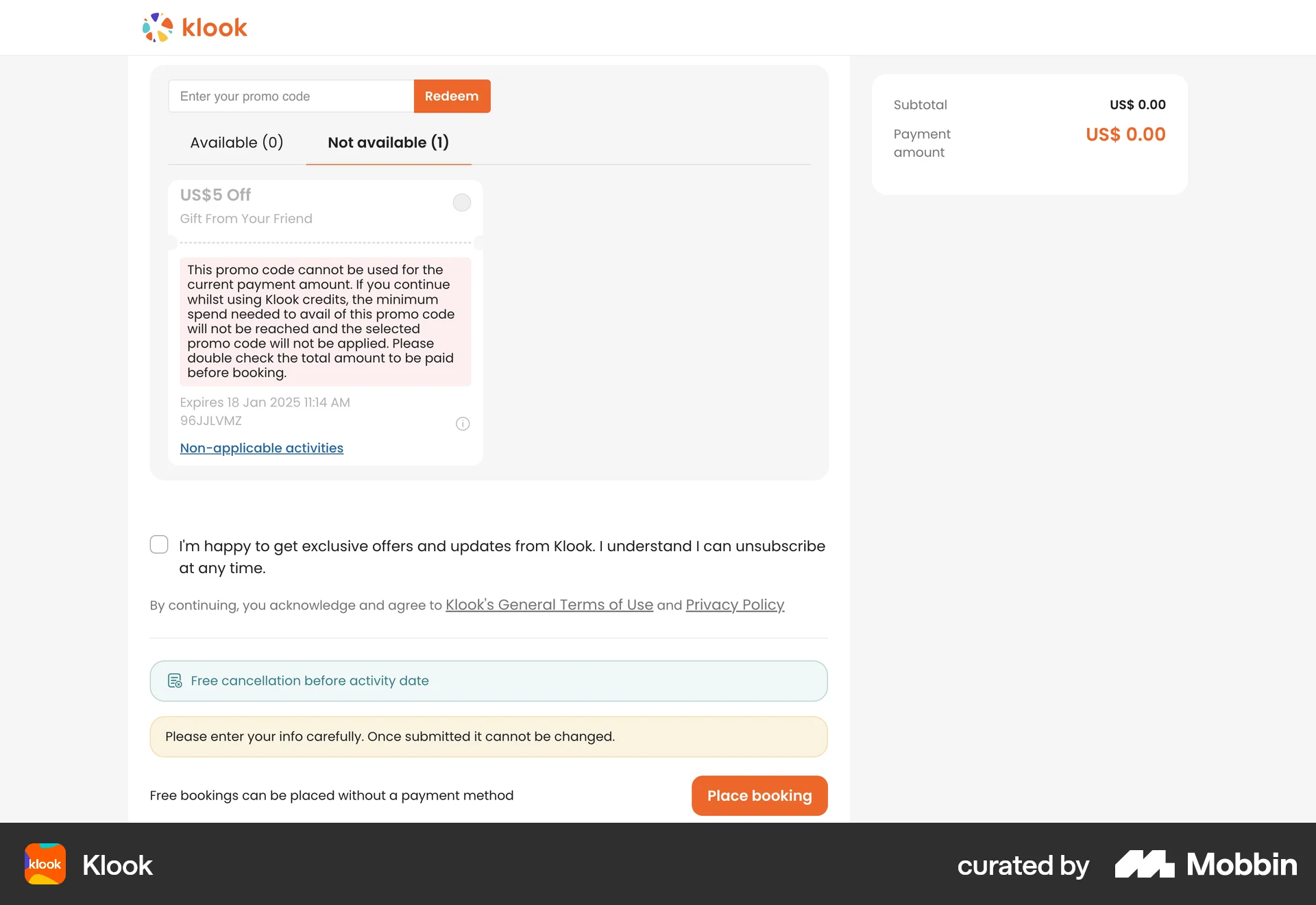 Klook Web Promotions & Rewards screen