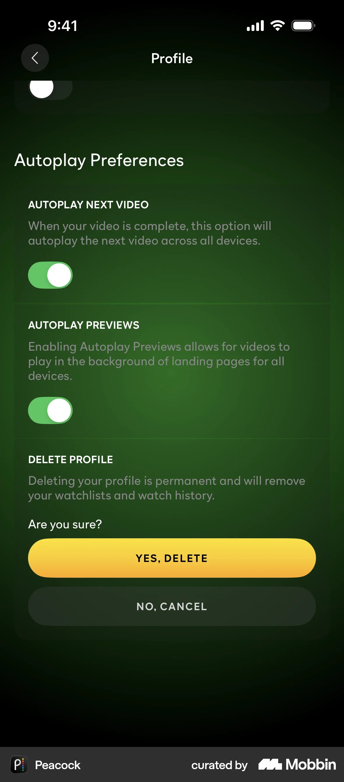 Peacock iOS Confirmation screen