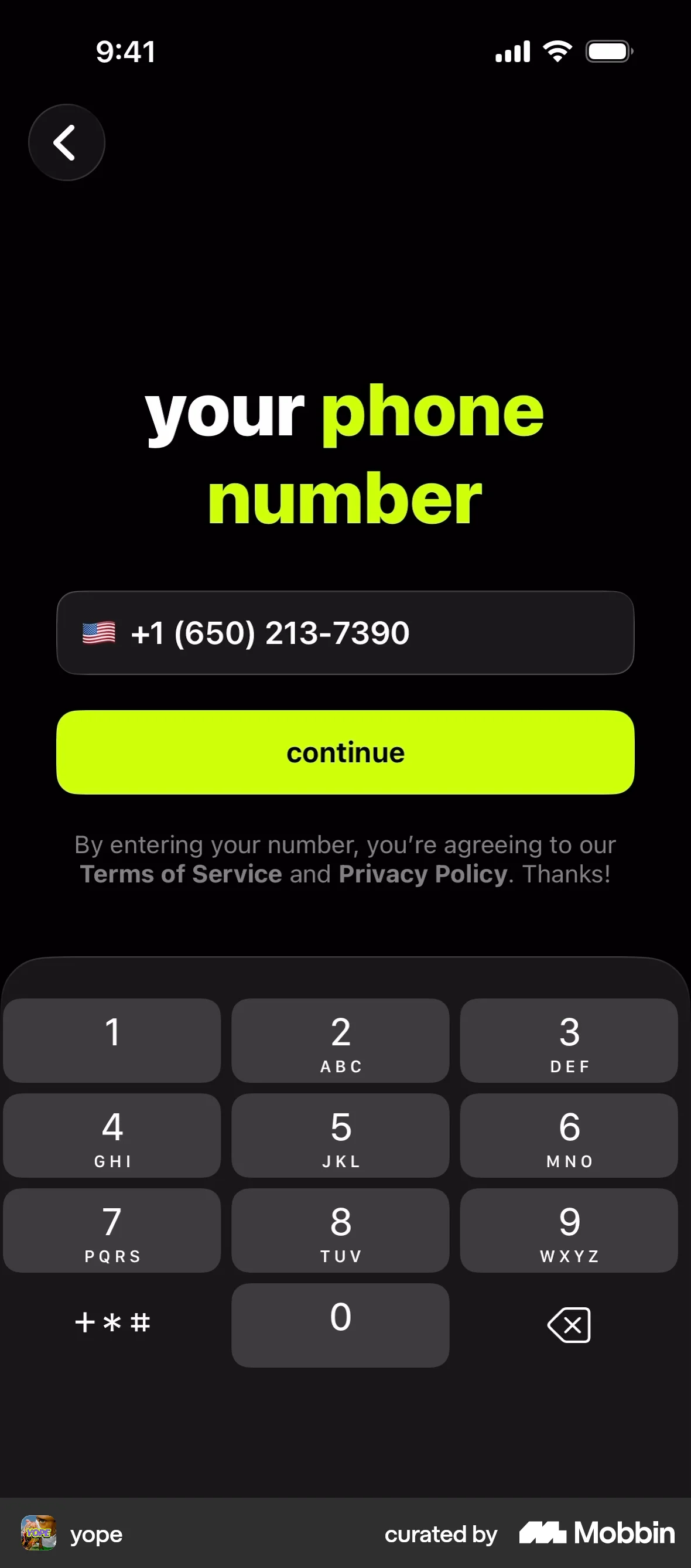yope iOS Signup screen