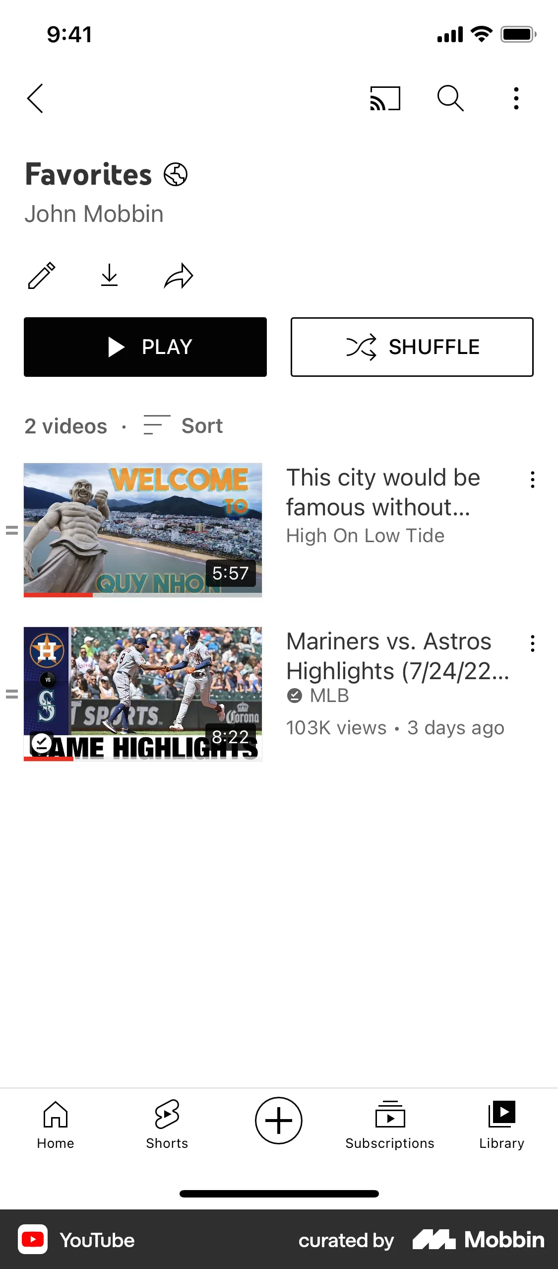 YouTube iOS Playlists screen