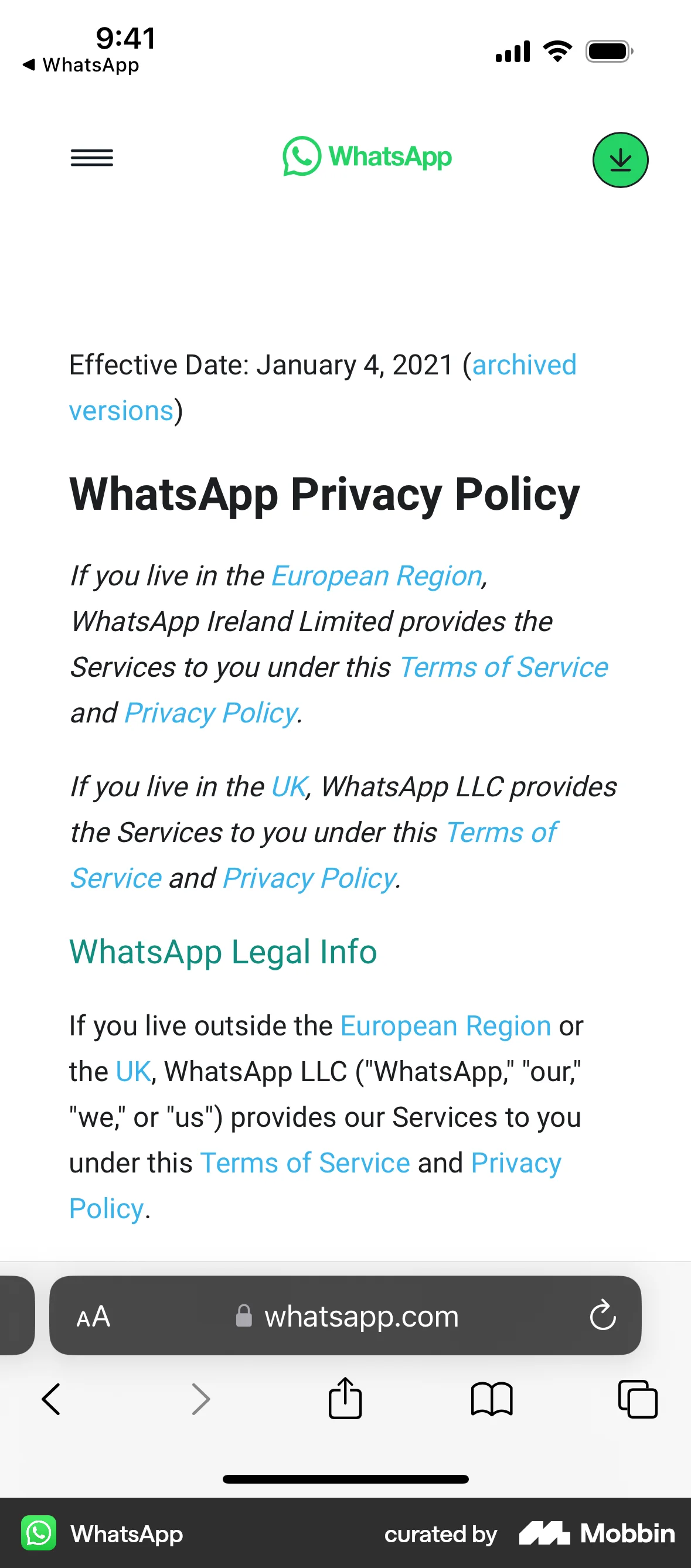 WhatsApp iOS Privacy Policy screen