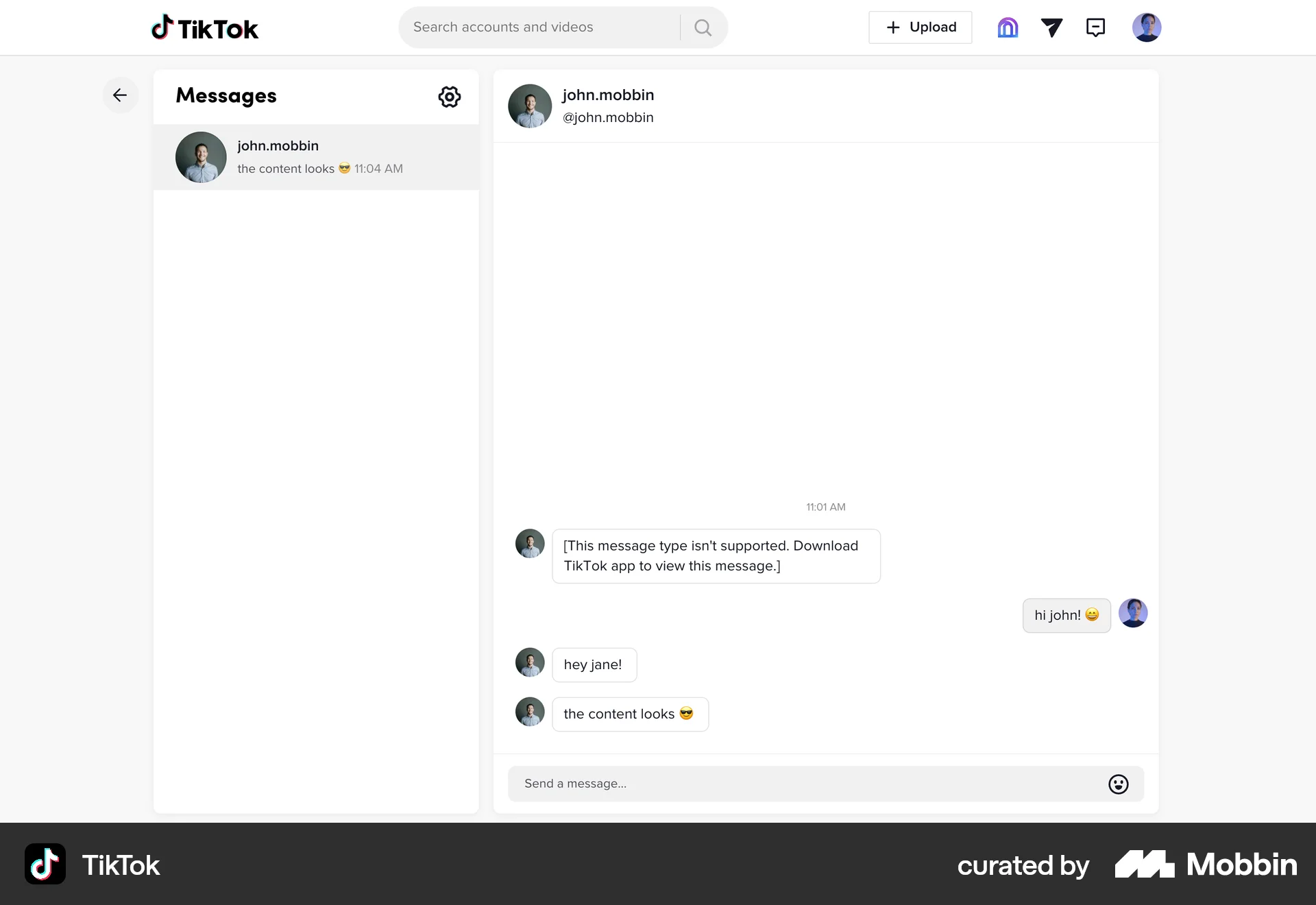 TikTok Web Emails & Messages screen