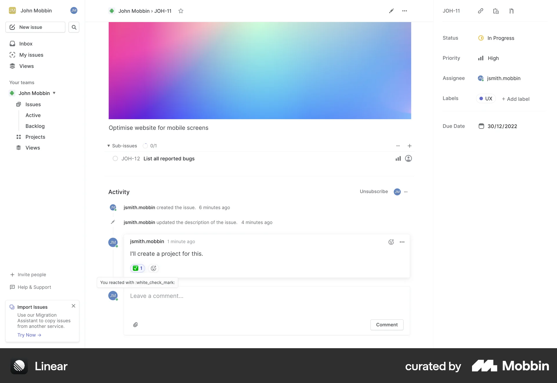Linear Web screen containing Tooltip UI element
