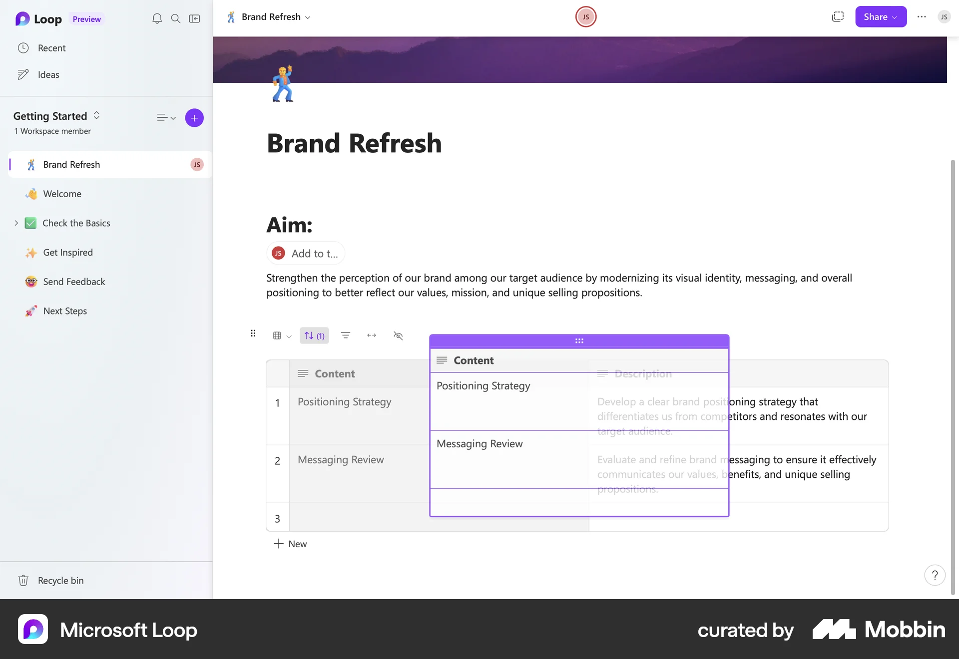Microsoft Loop Web Reorder screen