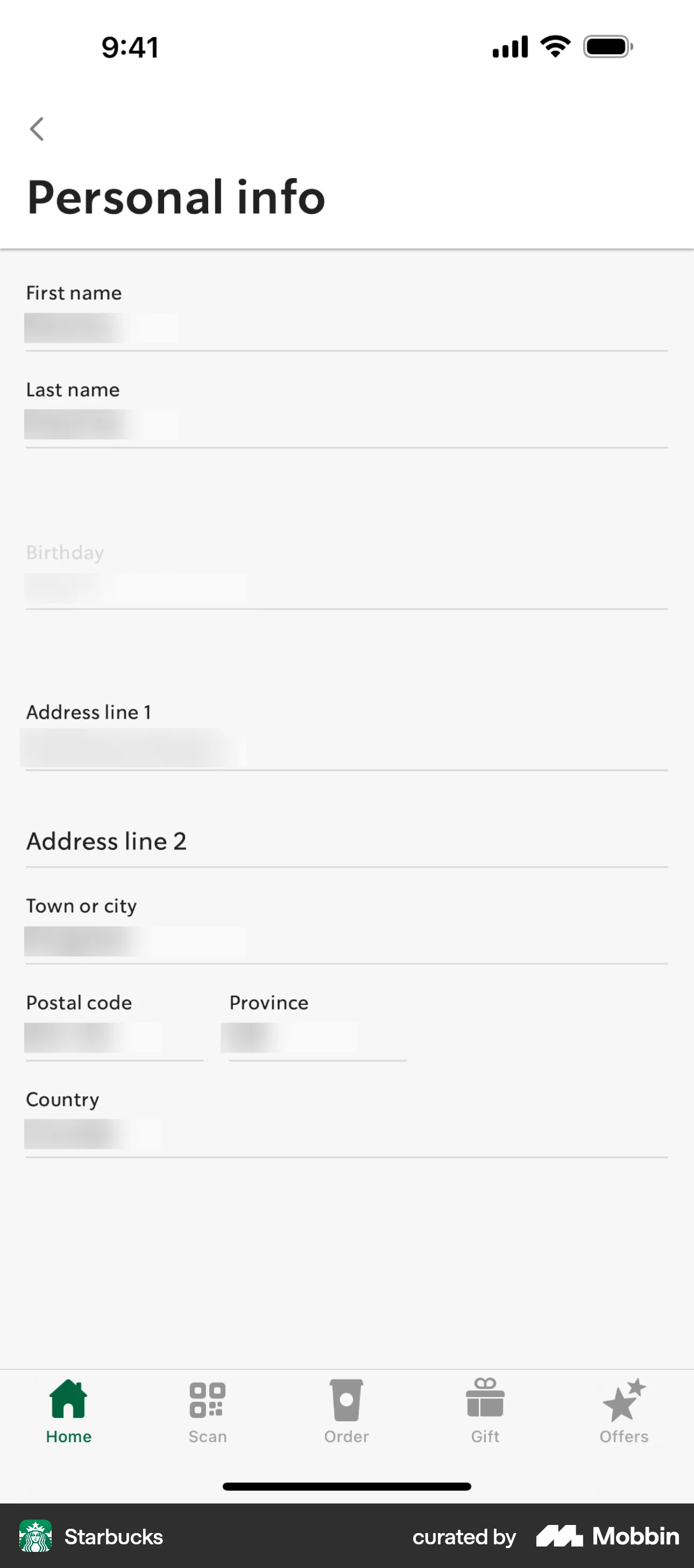 Starbucks iOS My Account & Profile screen