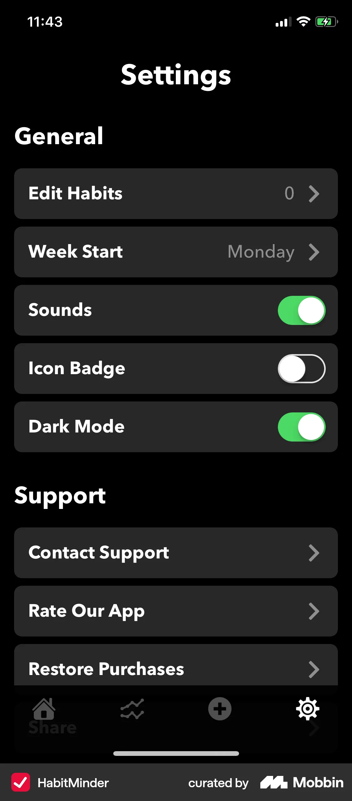 HabitMinder iOS Dark Mode screen