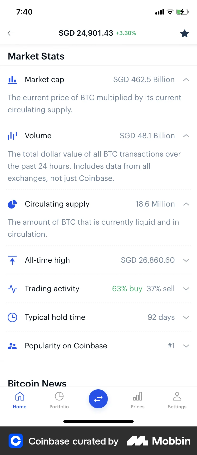 Coinbase iOS Other Content screen