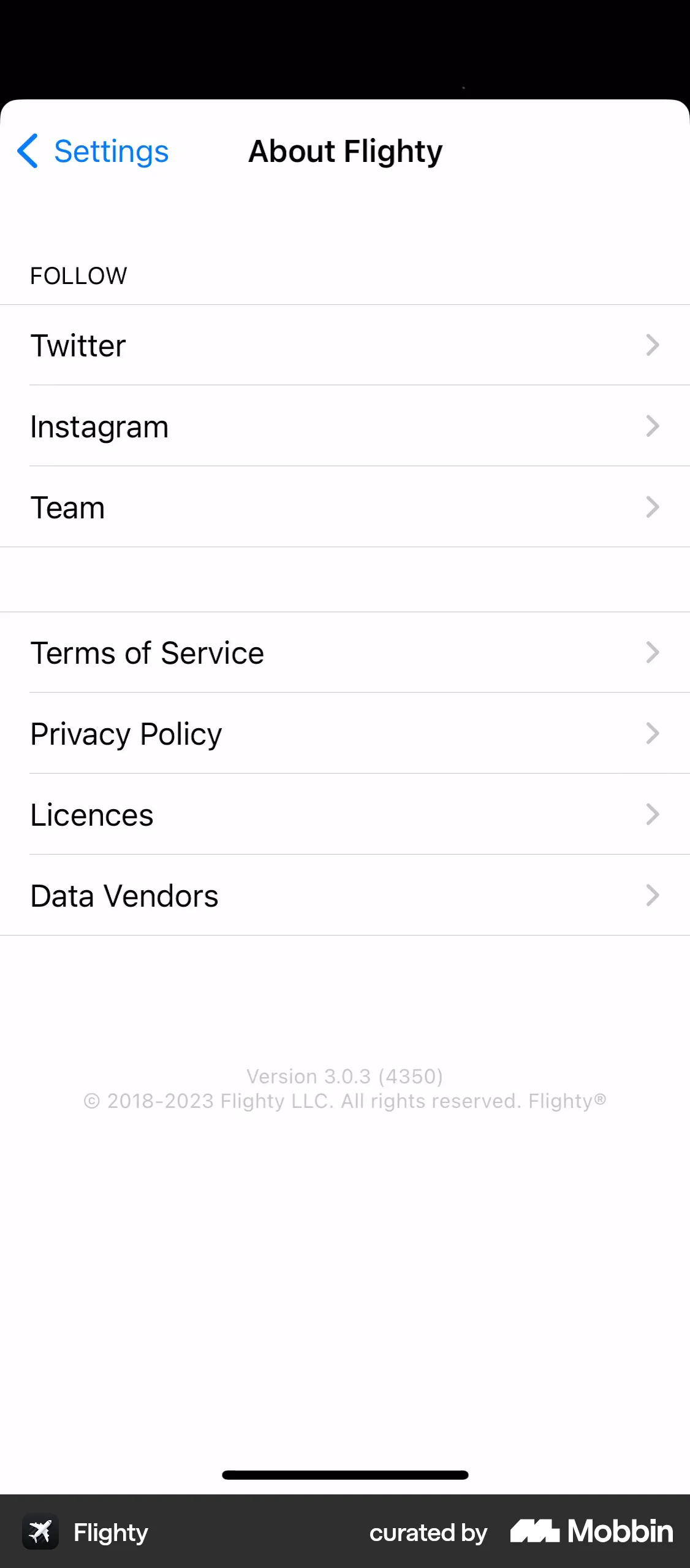 Flighty iOS About screen