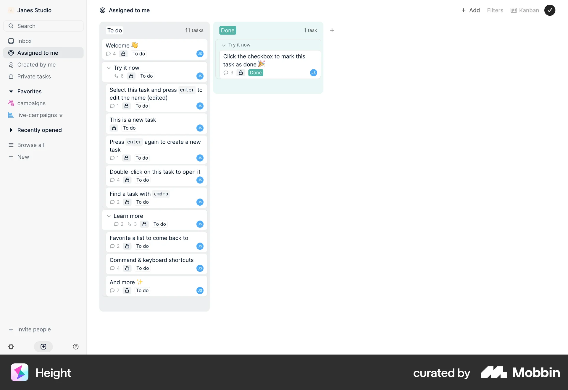 Height Web Kanban Board screen