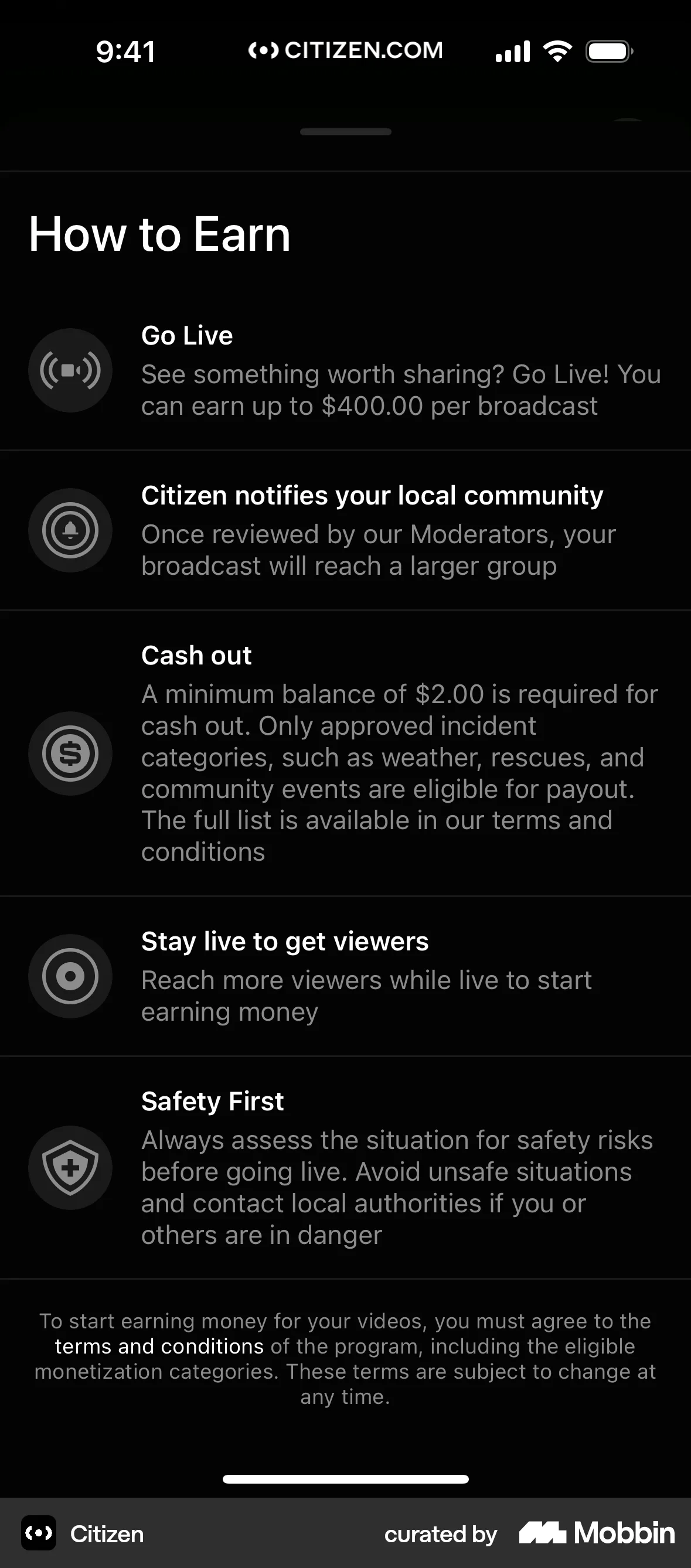 Citizen iOS Feature Info screen