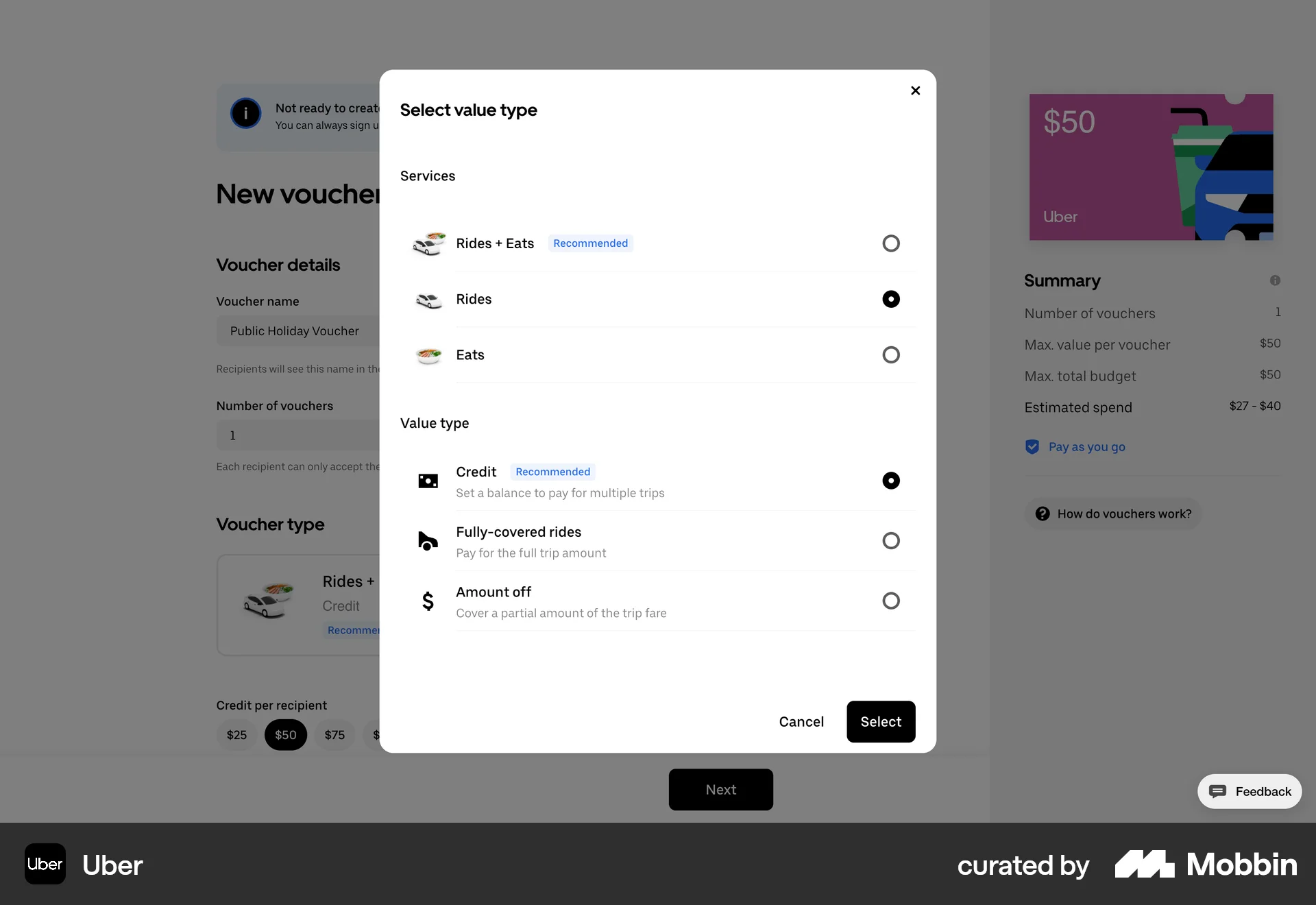 Uber Web screen containing Radio Button UI element