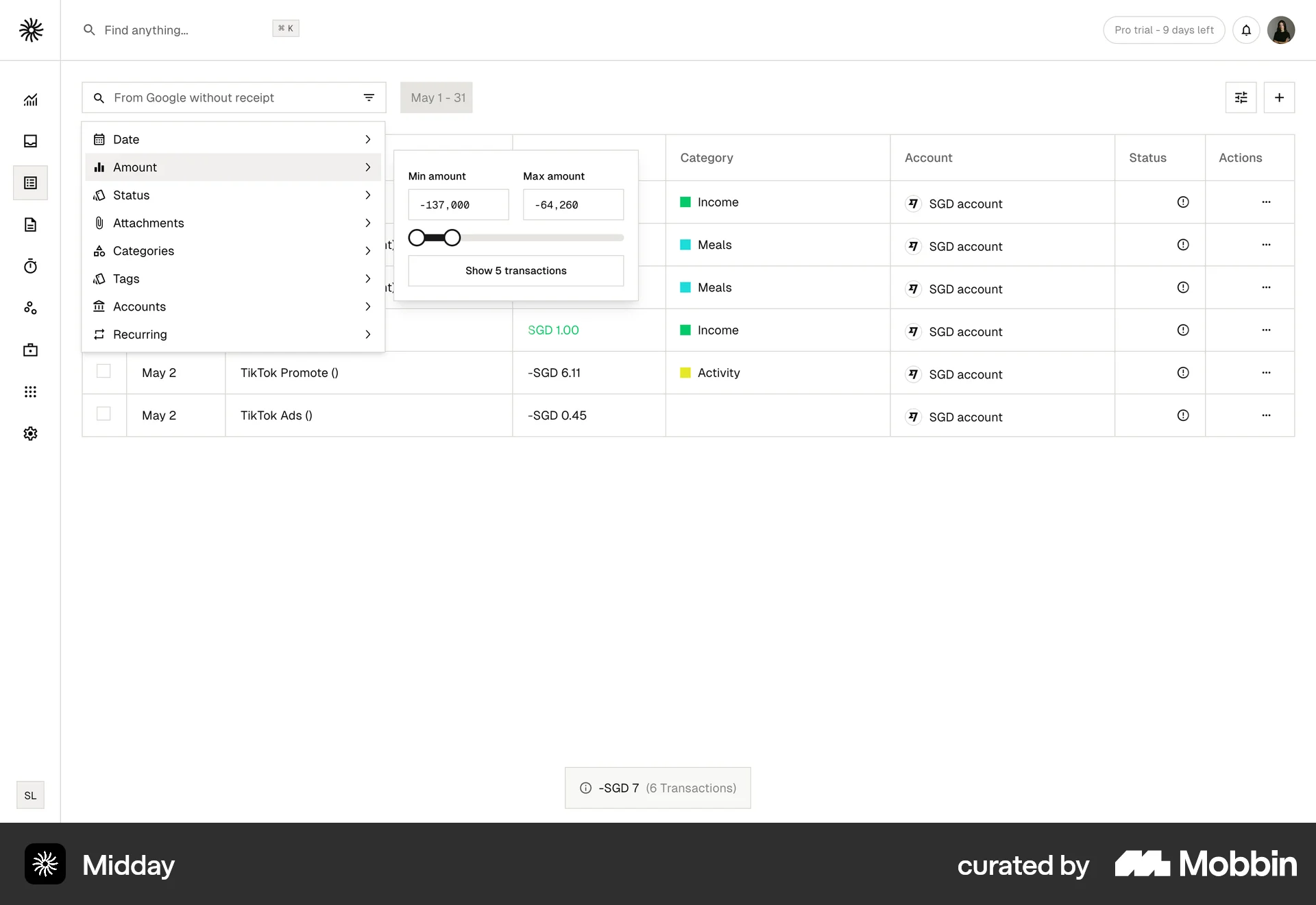 Midday Web screen containing Slider UI element