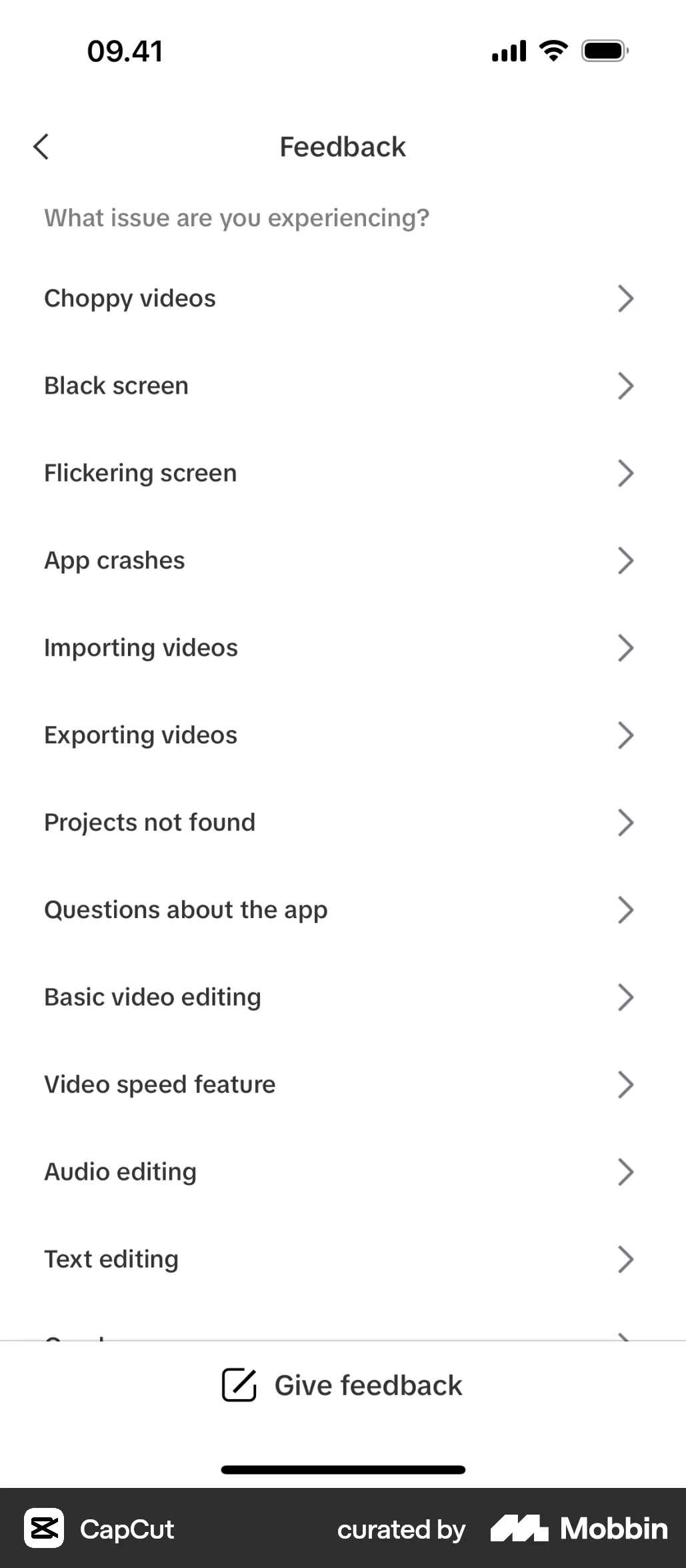 CapCut iOS Feedback screen