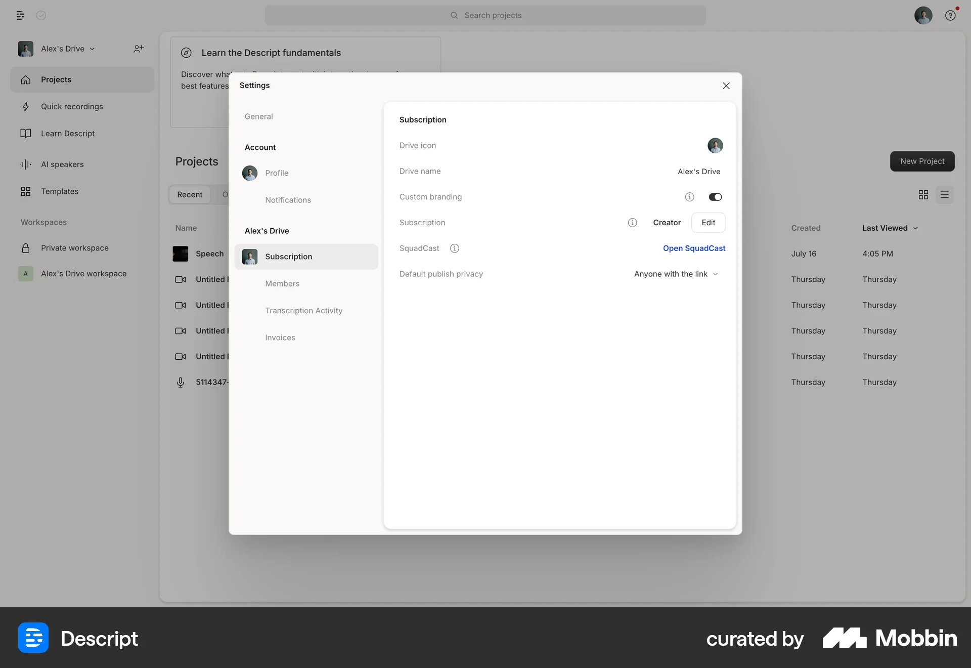 Descript Web Billing screen