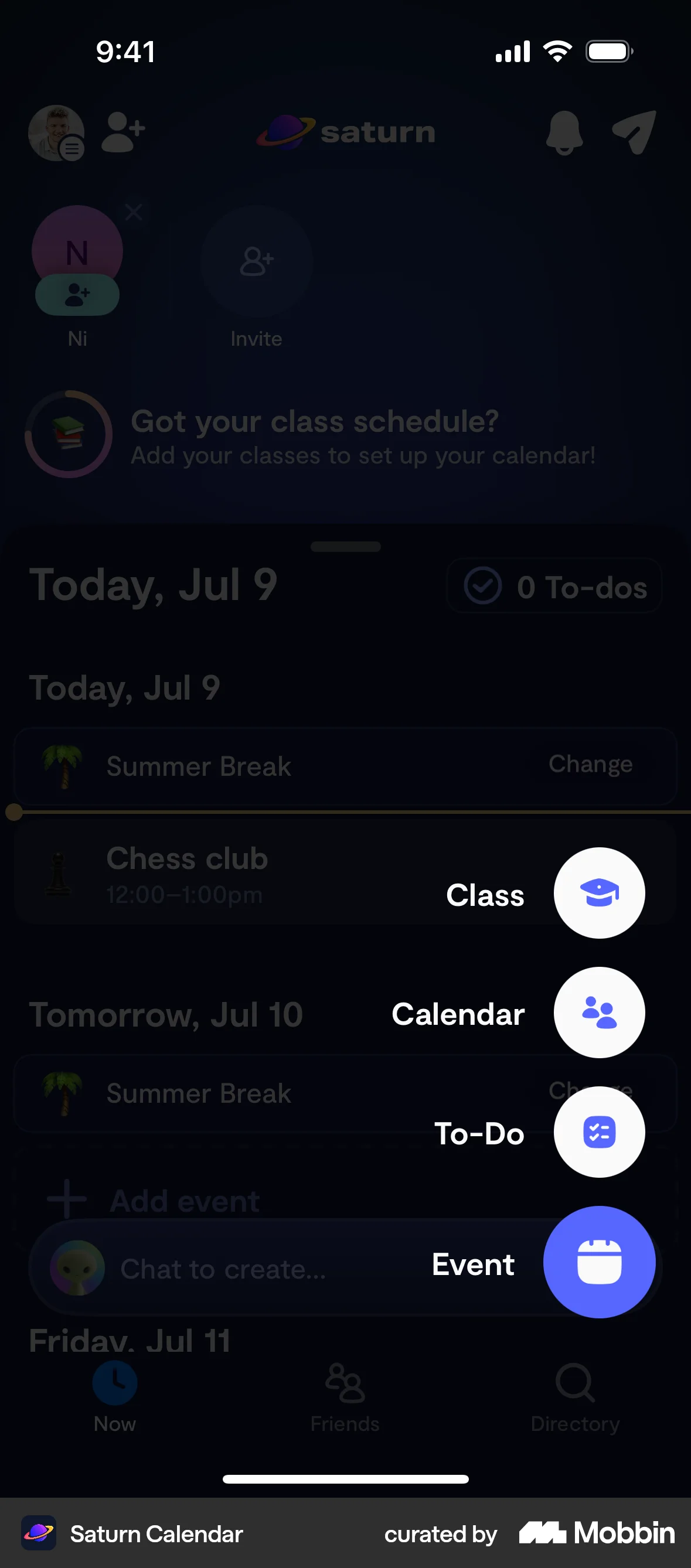 Saturn Calendar iOS screen containing Floating Action Button UI element