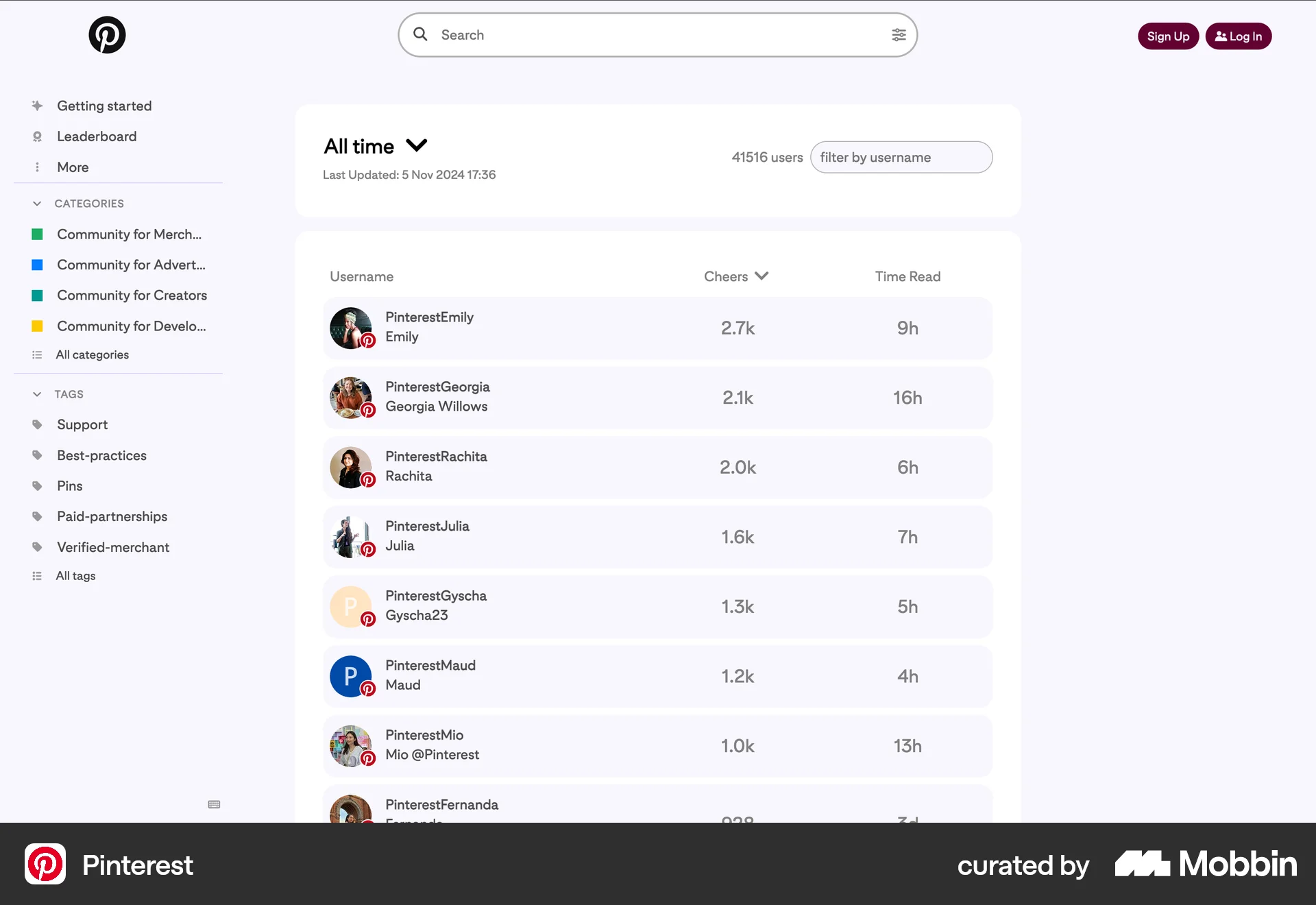 Pinterest Web Leaderboard screen