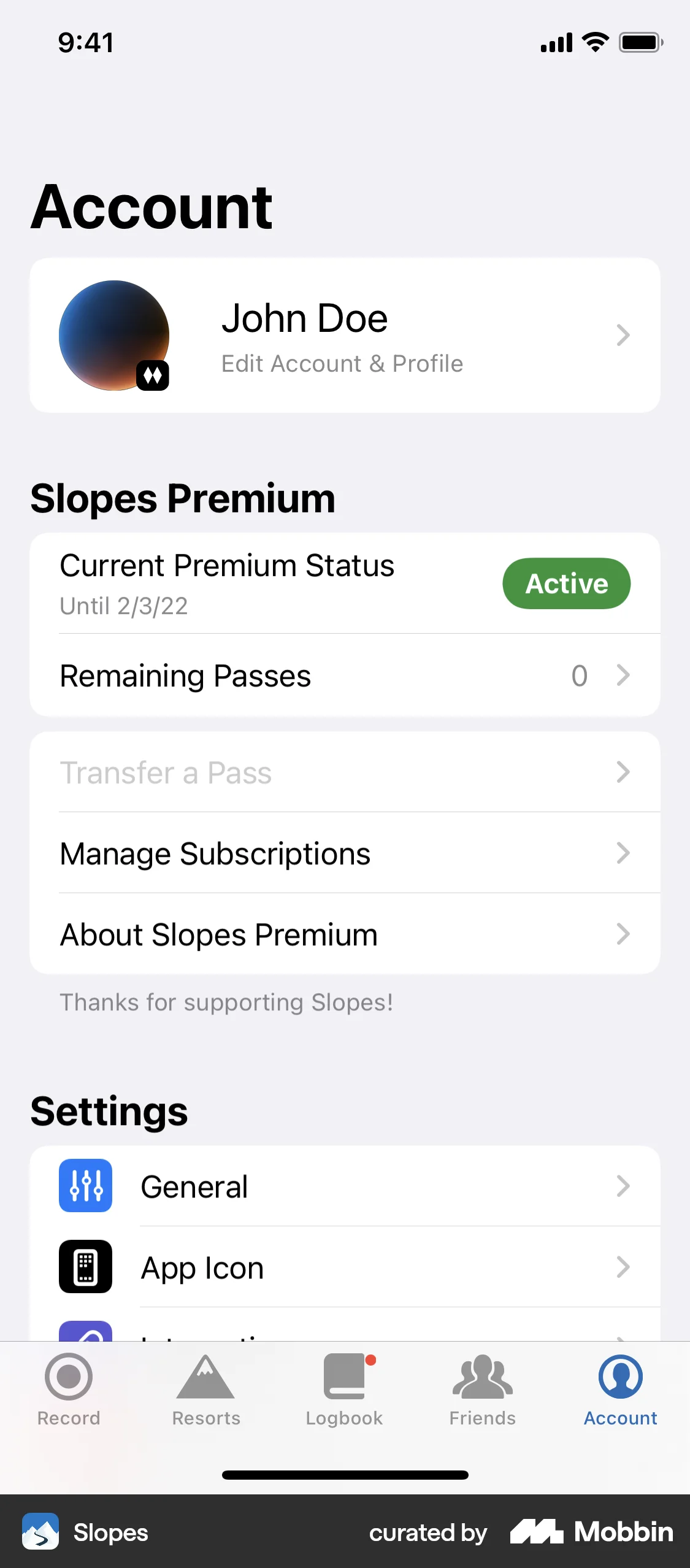 Slopes iOS screen containing Tab Bar UI element