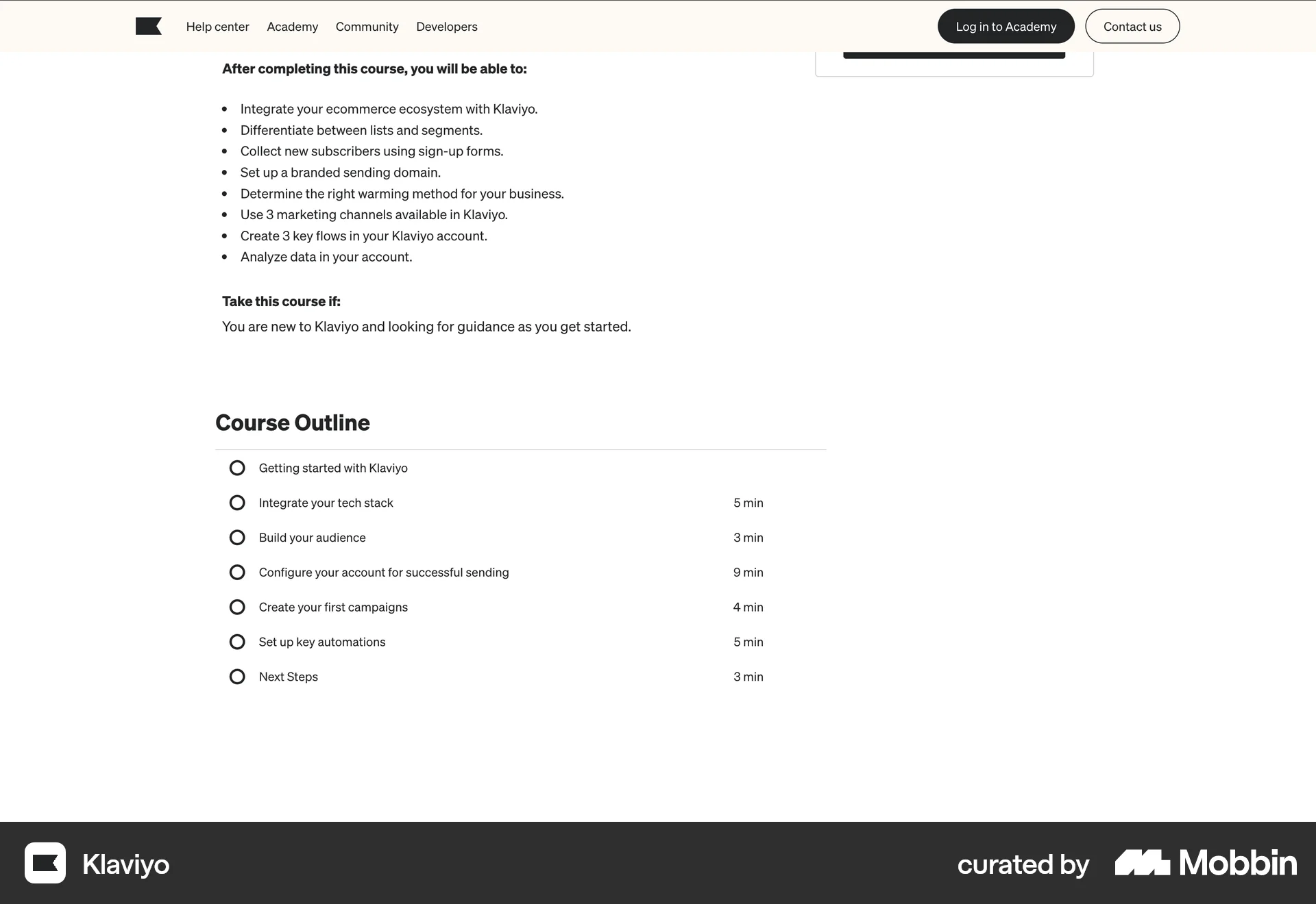 Klaviyo Web Class & Lesson Detail screen