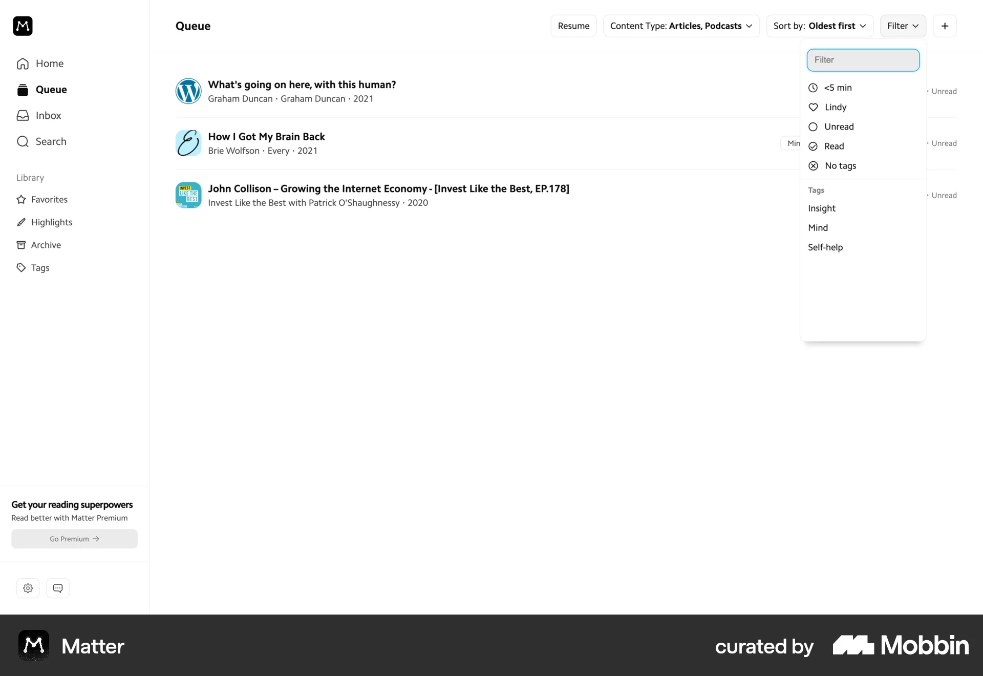 Matter Web screen containing Filter Panel UI UI element