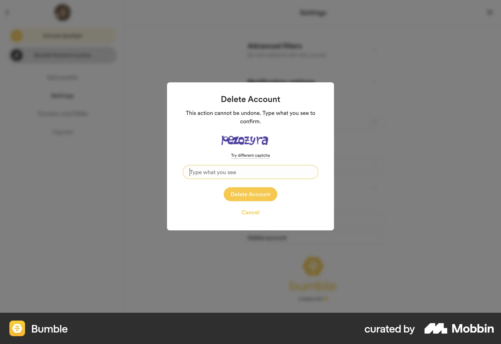Bumble Web Delete & Deactivate Account screen