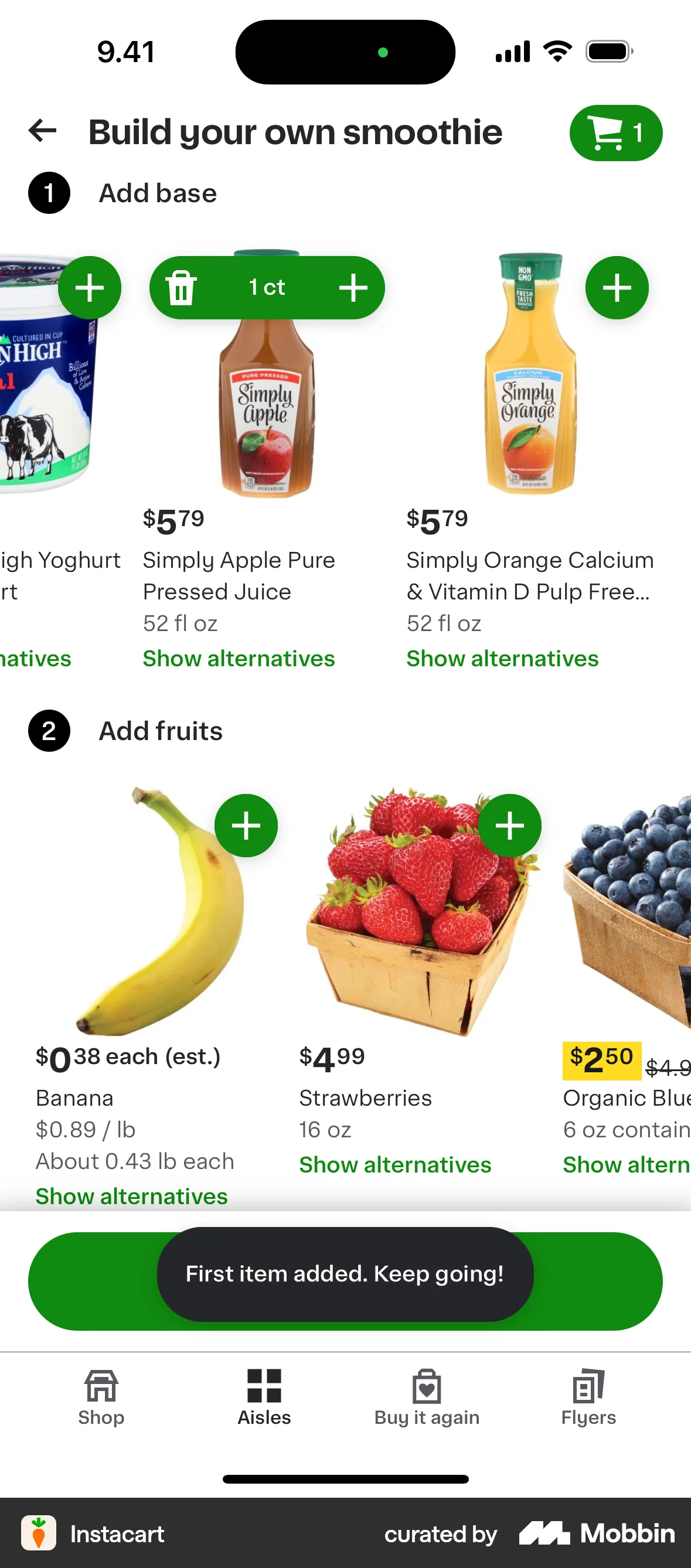 Instacart iOS screen containing Toast UI element